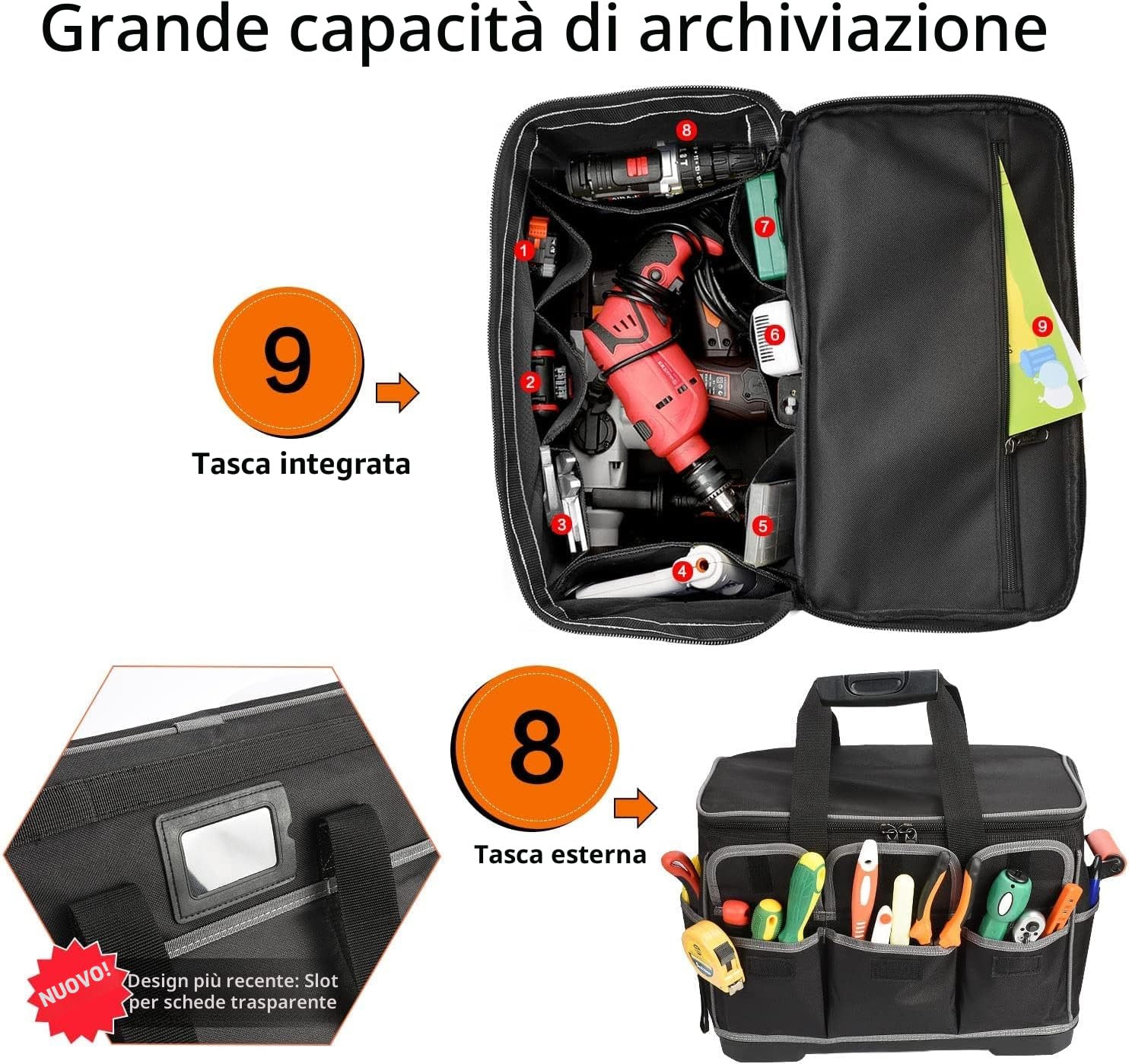 Borsa per attrezzi pesanti da elettricista impermeabile e pieghevole, Borsa porta utensili professionale con tasca interna, tracolla regolabile, 40 x 23 x 28 cm…