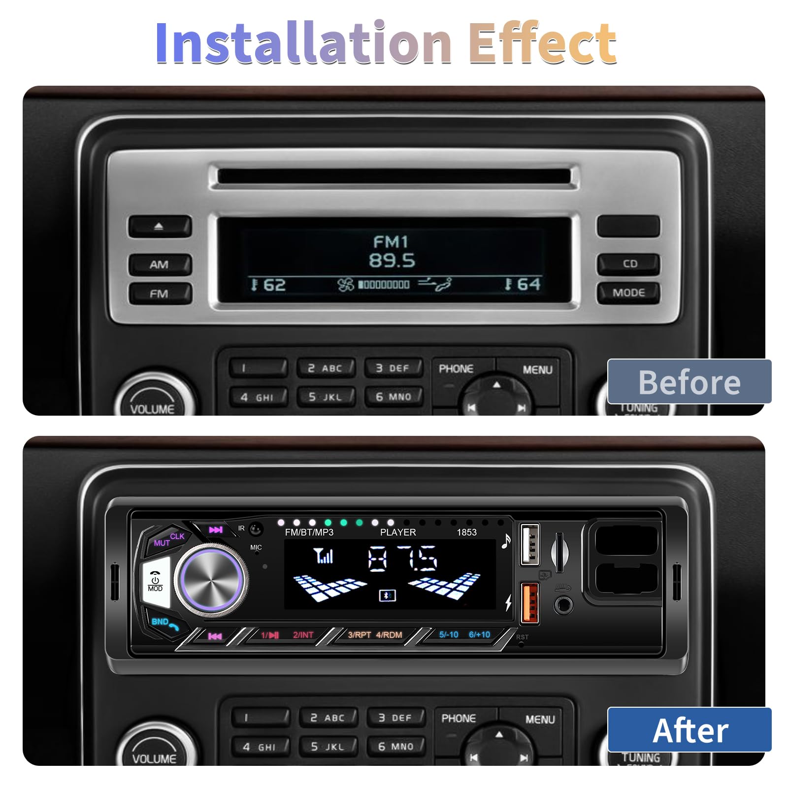 Inefala 1 Din Autoradio mit Telefonhalterung, Radio 1 DIN mit FM, Bluetooth, USB, AUX-Eingang, Freisprecheinrichtung, Unterstützt 7 Farben Beleuchtung und Schnellladung