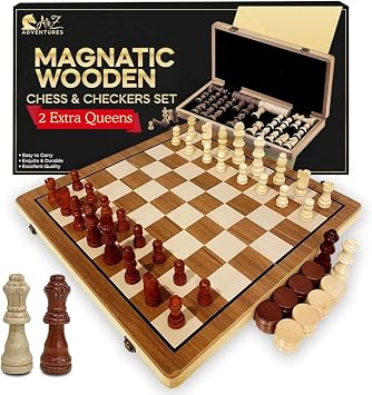Magnetic Chess Set with Checkers - 15" 2 in 1 Folding Wooden Chess Sets for Adults & Kids with 2 Extra Queens | Travel Chess Board Game Set with Chess Pieces Storage Slots, Luxury Gift with Storage