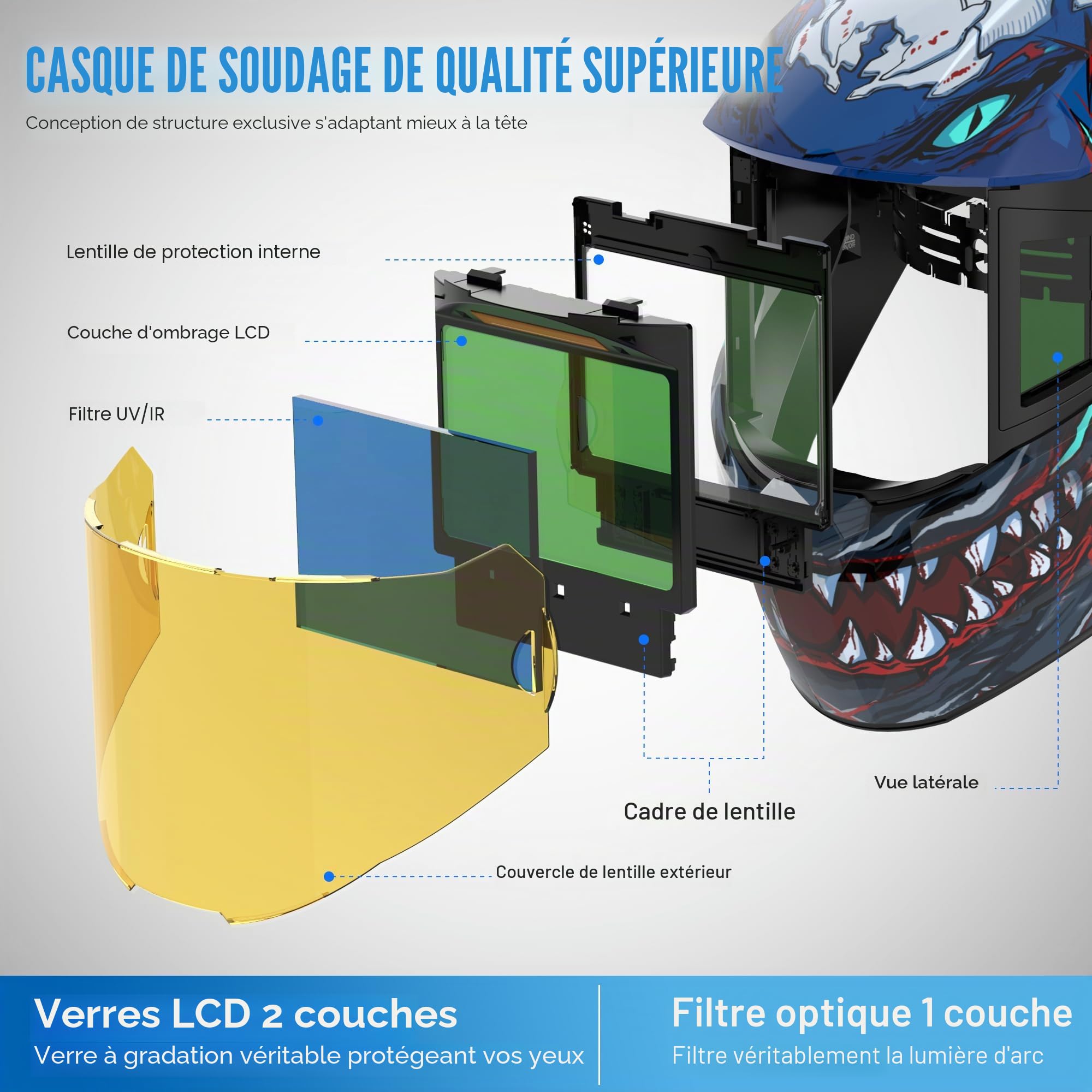 ANDELI Casque de Soudage Auto-Darkening, 18,3 x 8,1cm Filtre + True Color | Cagoule Soudure Vision Panoramique 180°丨Charge Rapide USB-C丨Protection DIN16 UV/IR丨Pour MIG/MAG/TIG/ARC/Meulage/Coupe