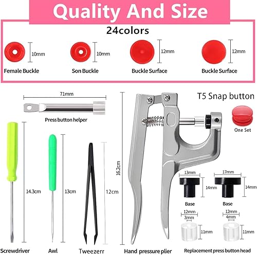 Miniatura 3 de FQTANJU Juego de 1900 broches de presión y alicates de plástico, kit de cierres de botón a presión T5 con herramientas de bricolaje y 1 pinza para