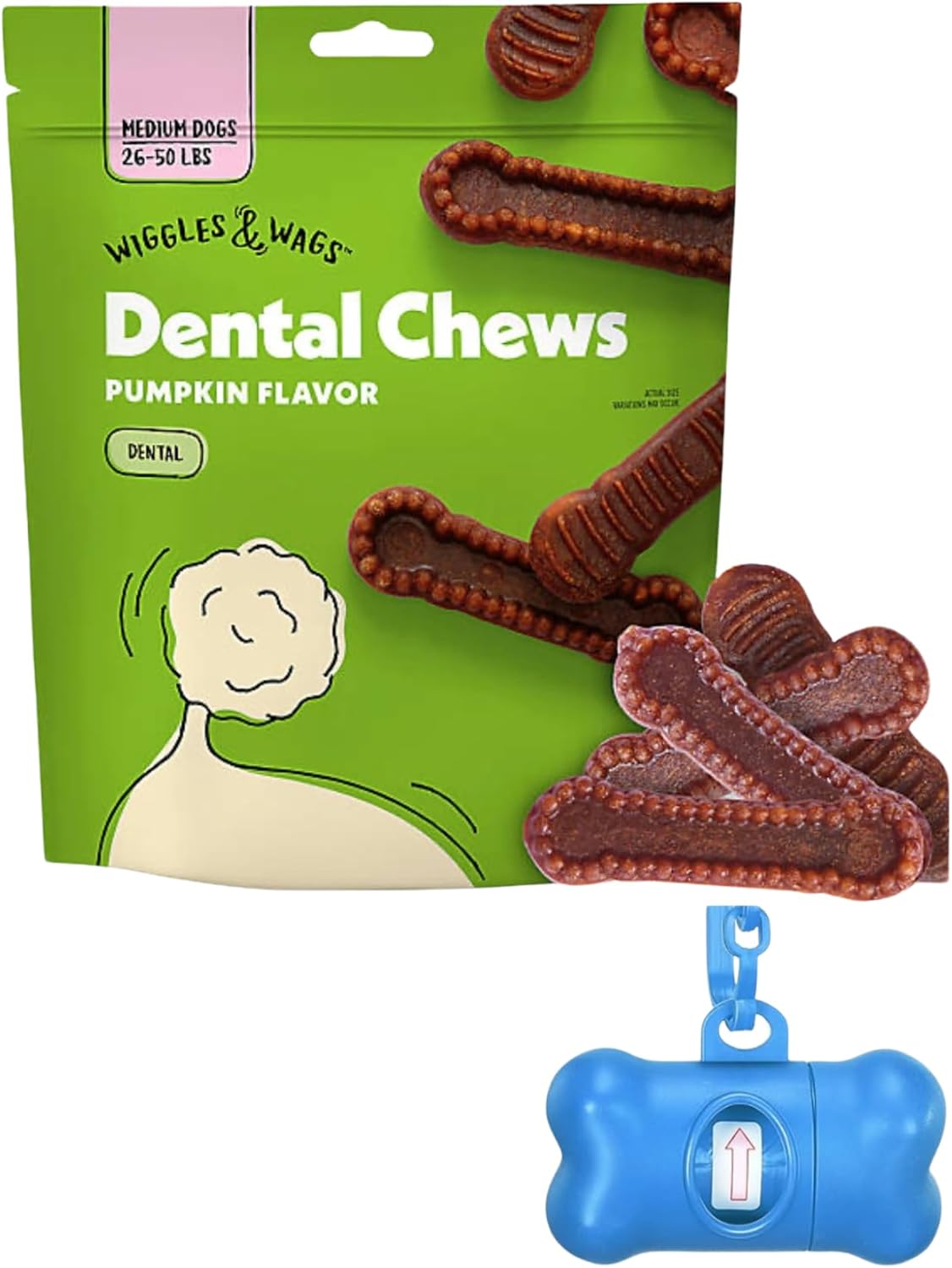 Wiggles & Wags Dental Chews, Pumpkin Flavor, Medium Dogs 26-50 lbs, 12 oz with Bone Shaped Dispenser & Roll
