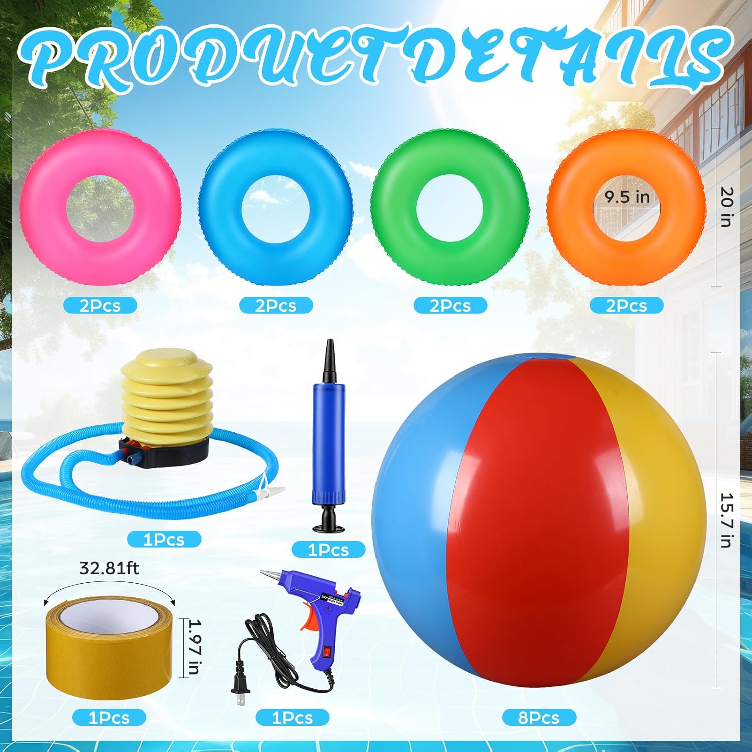 20 Pcs Beach Ball Arch Kit for Pool Party Decorations Inflatable Beach Ball Pool Tubes with Inflator Tape Glue Gun for Summer Luau Tropical Birthday Party Lawn Yard Garden Balloon Decor