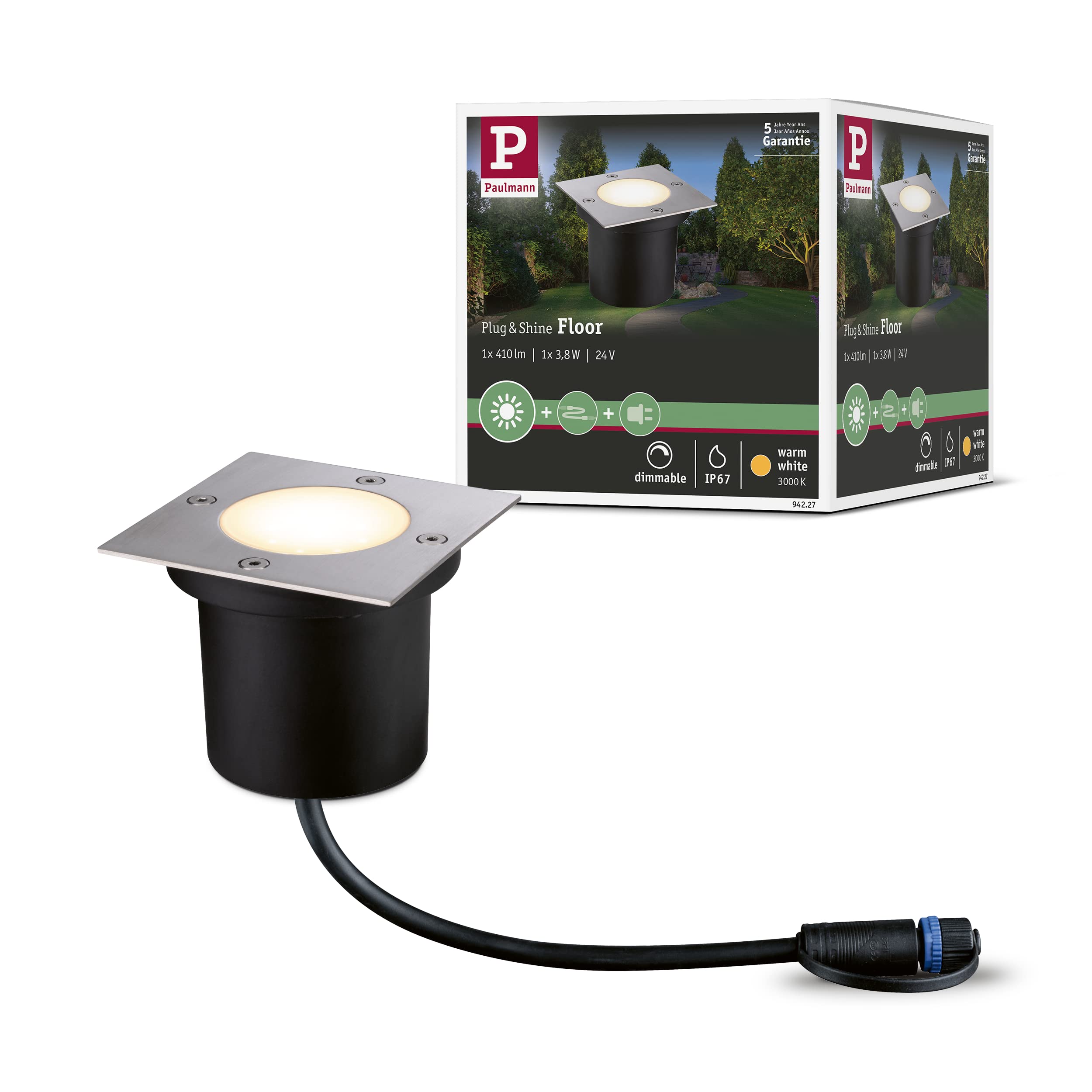 Paulmann 942.27 Plug & Shine Bodeneinbauleuchte eckig IP65, 24V, 4W, 3000K, Silber