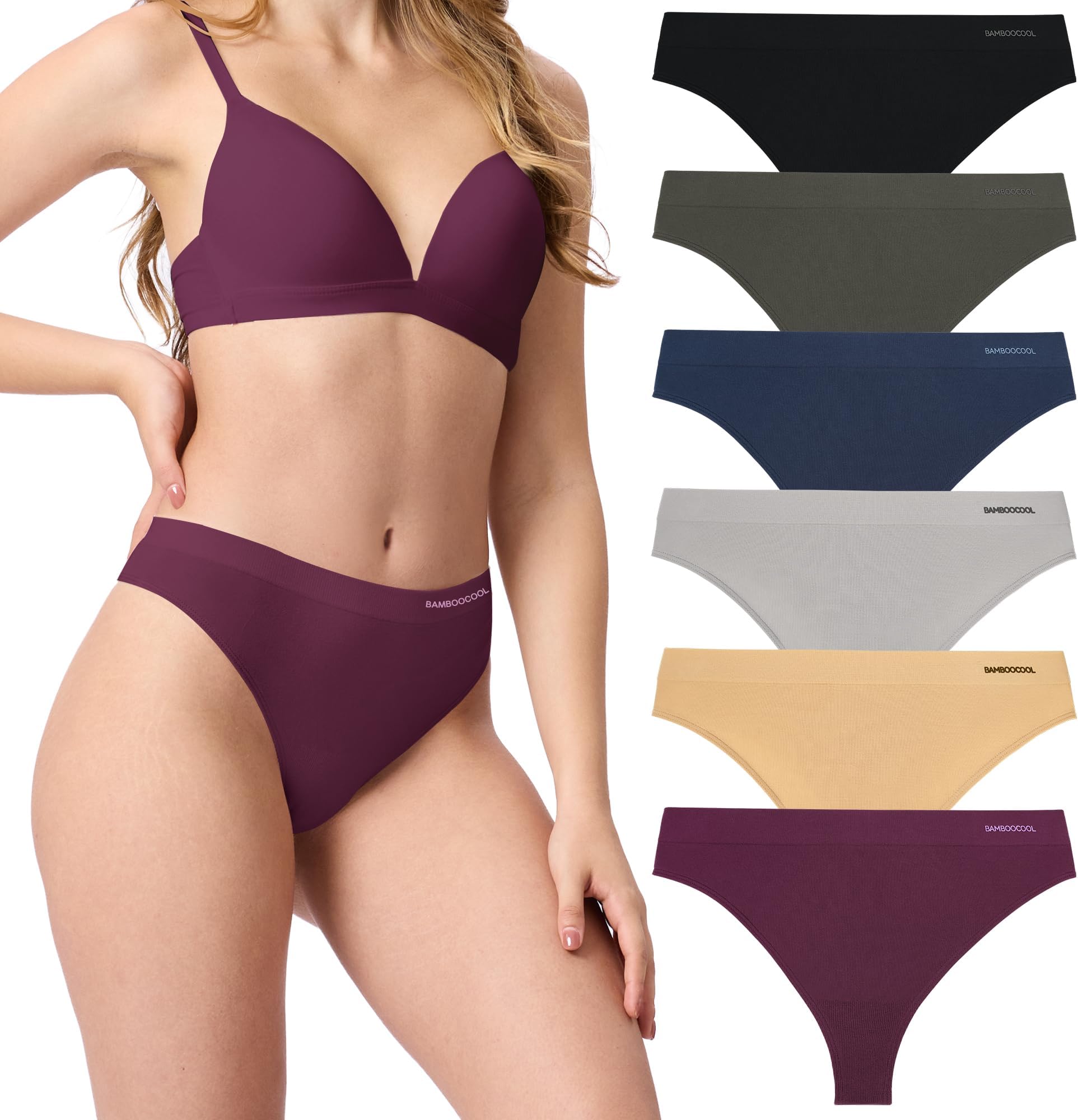 BAMBOO COOL Women's Thongs Seamless Moisture-Wicking Breathable Underwear High Stretchy Mid Waisted Panties Tagless 6 Pack