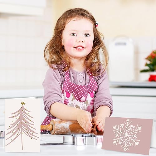 Miniatura 7 de AnyDesign - Paquete de 32 tarjetas de felicitación de Navidad rosas bohemias con calcomanías de sello, sobres de copos de nieve rosados, tarjetas de