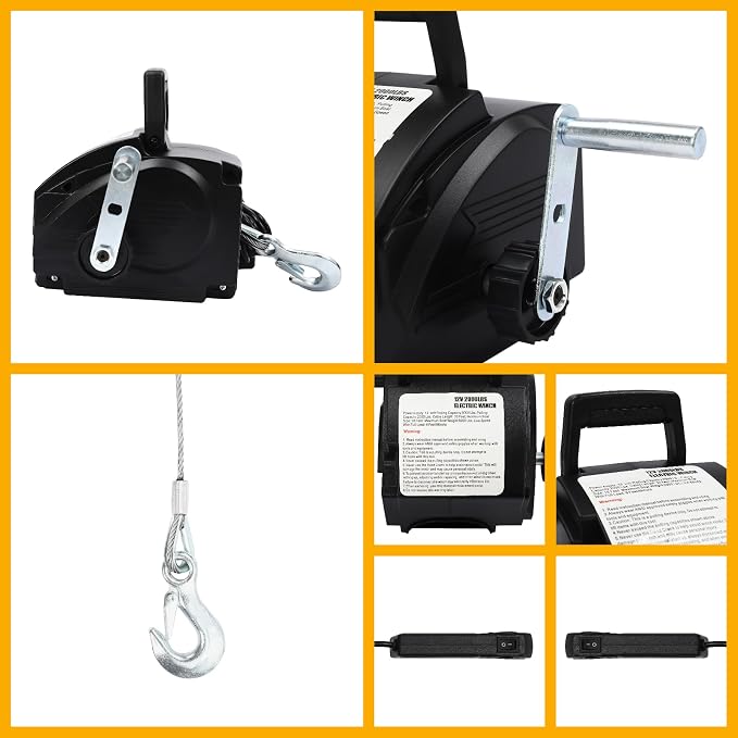 Winch eléctrico 300W 12V negro 2000LBS con control y cuerda miniatura 5