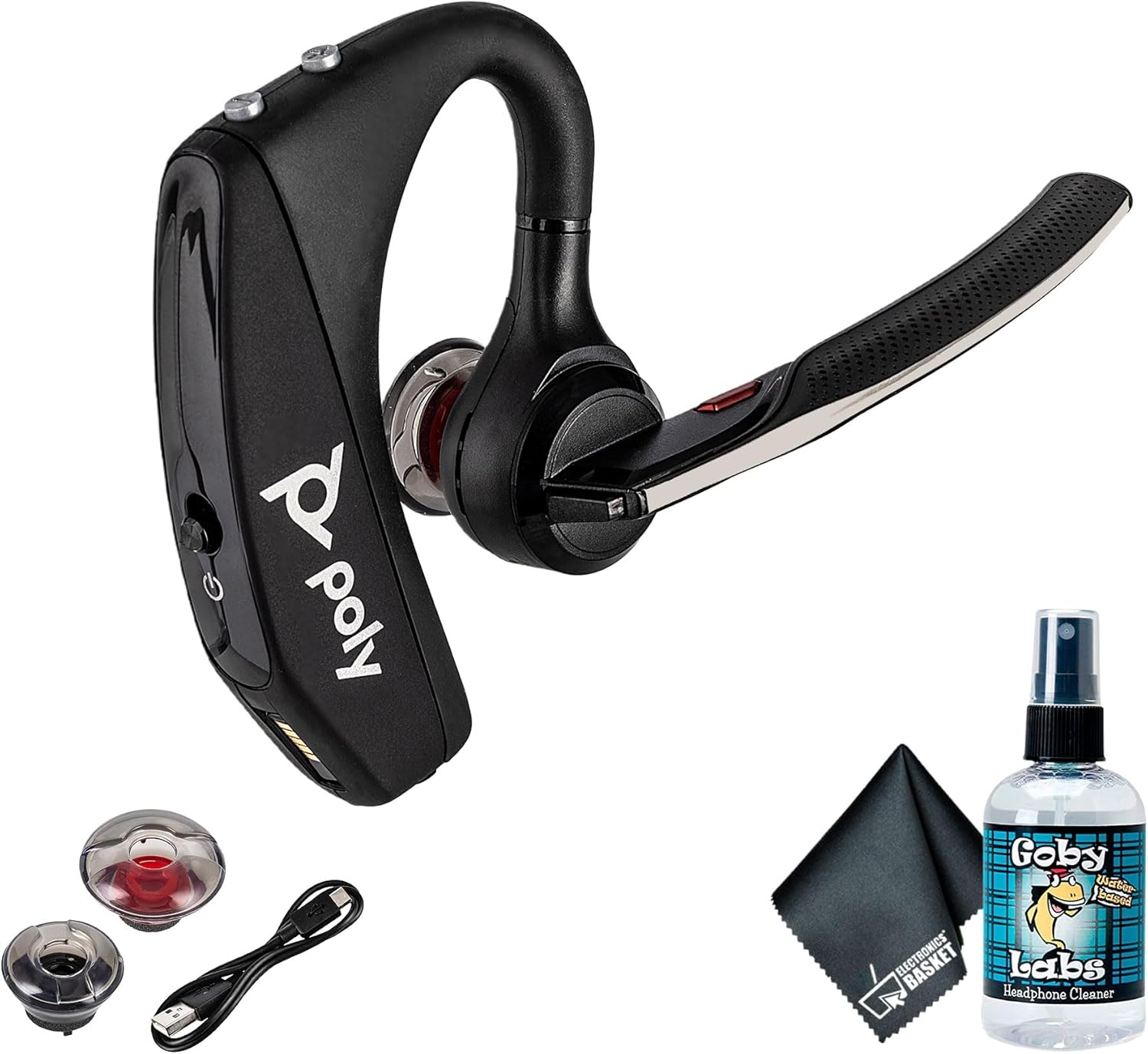 Poly Voyager 5200 Wireless Headset (Plantronics) - Single-Ear Bluetooth Headset w/Noise-Canceling Mic Bundle Including: Goby Labs Mic Cleaner, Electronic's Basket Fiber Cloth
