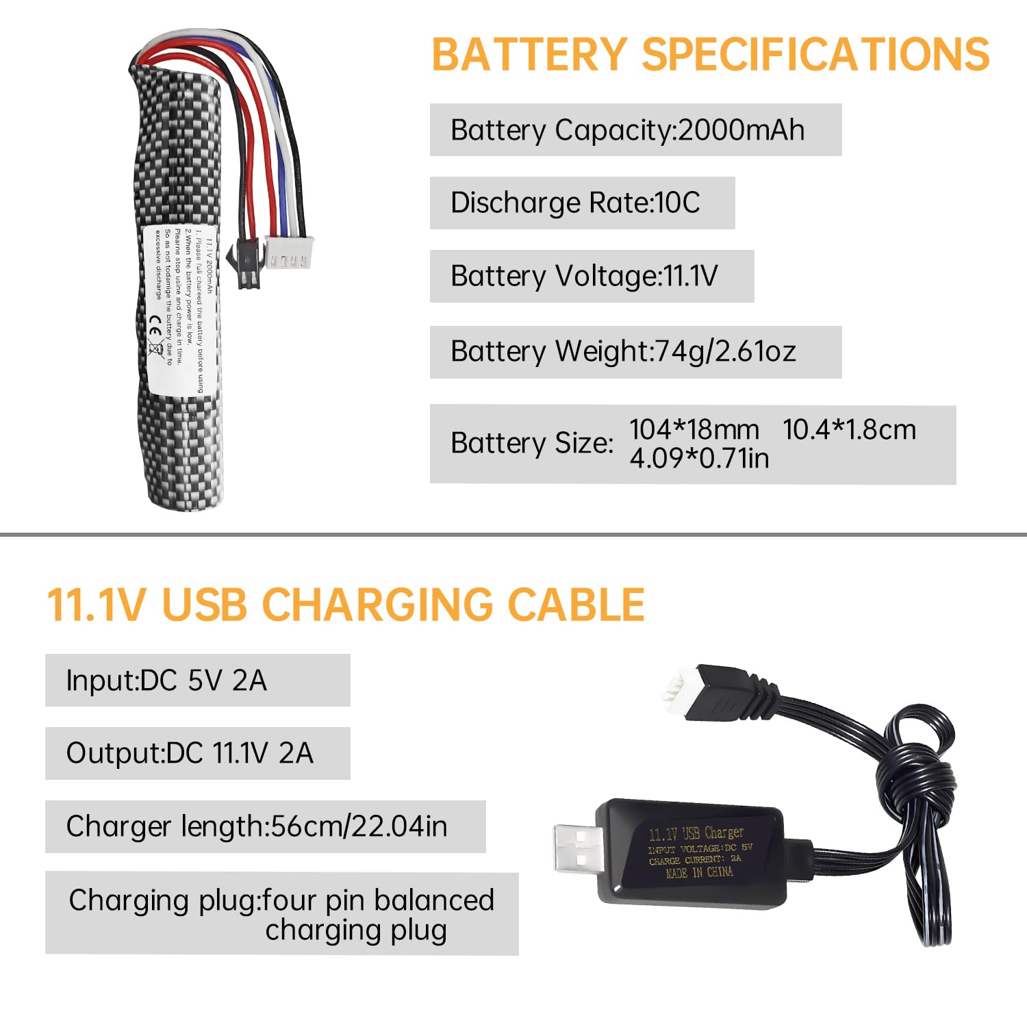 2PCS 3S 11.1V 2000mAh Batterie Connecteur SM-2P avec 2PCS Ligne de Chargement USB pour Gel Airsoft Balle à Eau Gel Airsoft Balle Onde de Choc