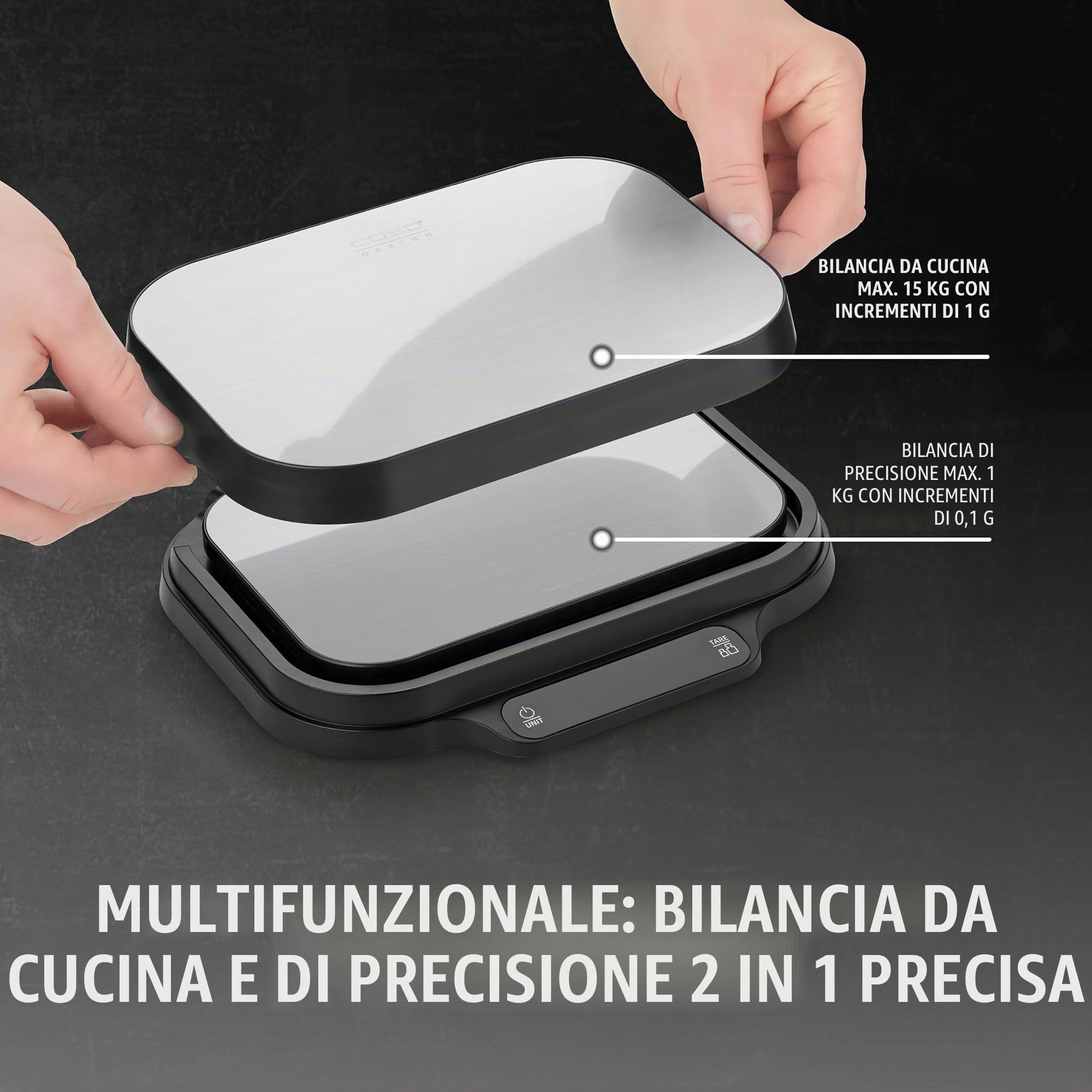 CASO KitchenDuo – Bilancia da cucina 2 in 1 con bilancia fine, scala di pesatura normale 15 kg in incrementi di 1 g, bilancia fine fino a 1 kg in incrementi di 0,1 g, funzione di tenuta, grammi, oz,