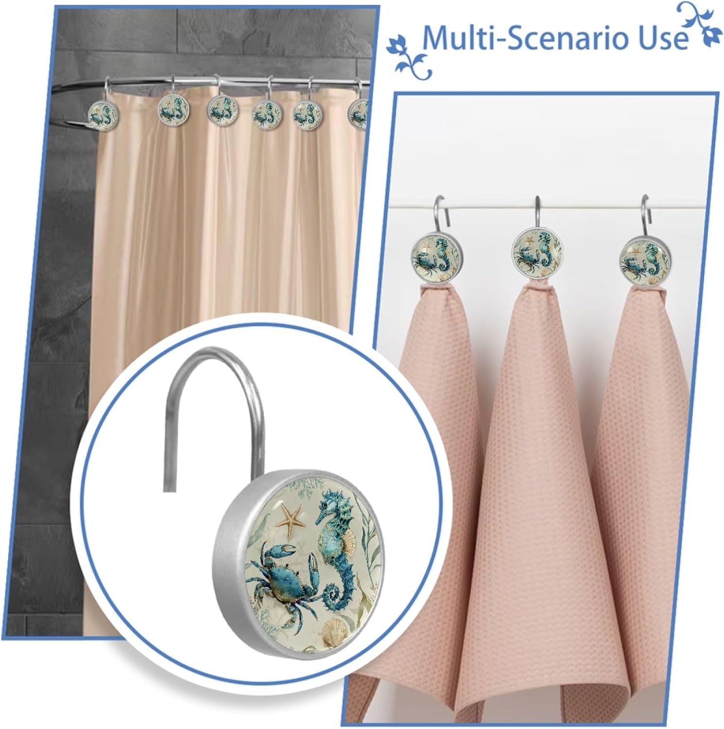 12 Pcs Shower Curtain Hooks, Crab Seahorse Rustproof Decorative Metal Round Shower Curtain Hangers Rings for Bathroom Bedroom Living Room Rods