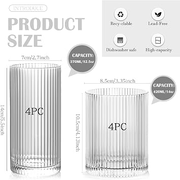 Highball Glasses Set of 8 - Vintage Ribbed Glassware for Iced Coffee, Cocktails & Water - 12.5oz & 14oz Stackable Drinking Glasses - Thick, Dishwasher Safe Glass Cups for Kitchen & Bar