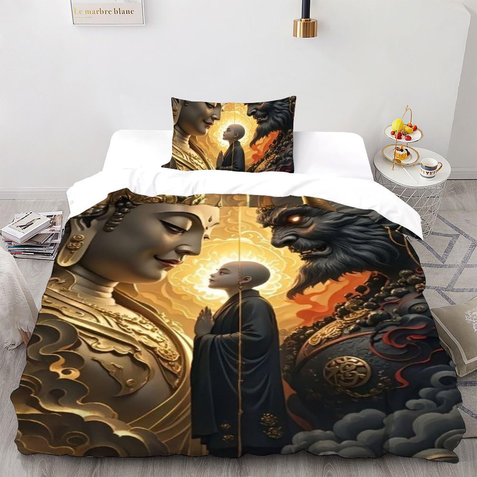 Housse de couette Bouddha et Démons imprimé 3D literie microfine 135x200cm avec taies