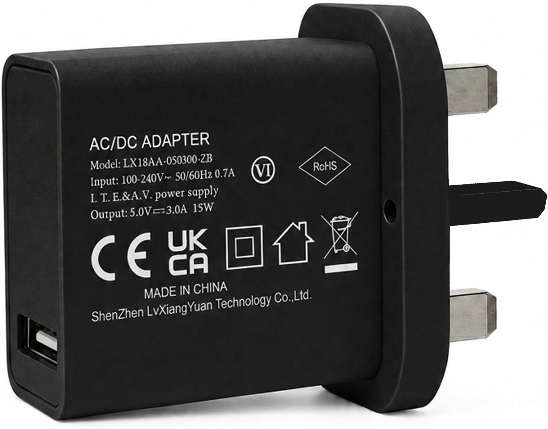5V 3A 15W Black USB Charger, UK Usb Plug, USB-A Output, 100V-240V Input, for Phone, Tablet, Speakers