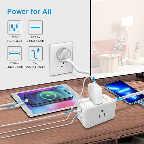 10FT Long Surge Protector Power Strip-with 3 Widely Outlets and 4 USB Ports(2 USB-C Port,PD20W Fast Charging),10 Foot Extension Cord(1250W/10A),Wall Mount for Home Office,900 J,White(2 Pack)(10ft-PD20W,2PACK)