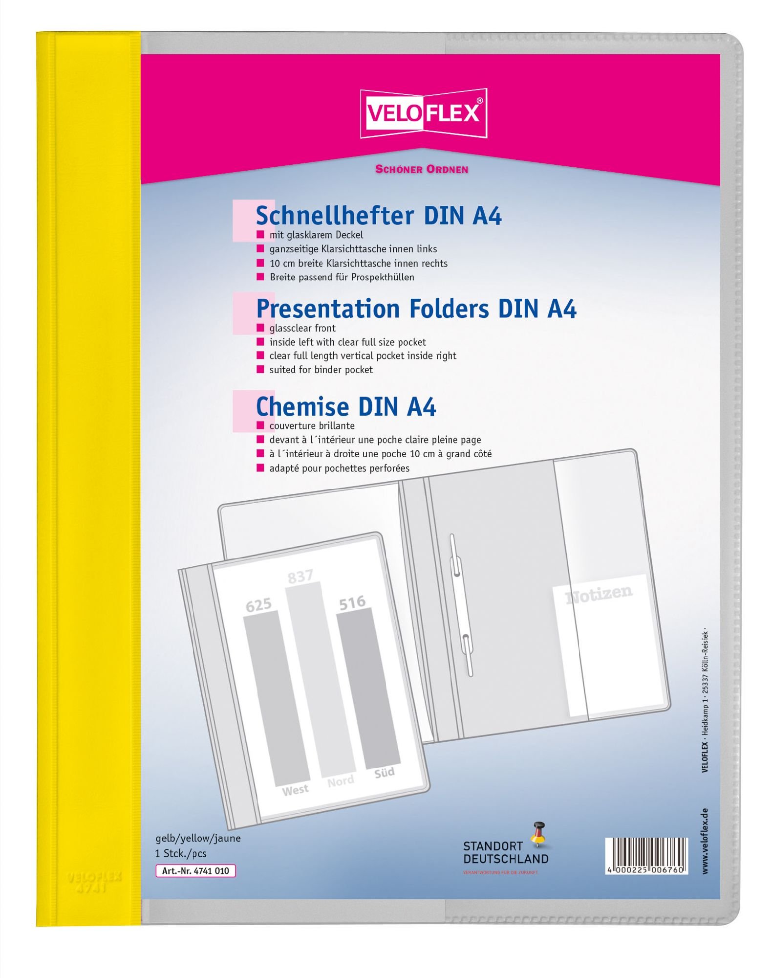 VELOFLEX4741010 A4 Presentation Folders from PVC with Transparent Cover Yellow Side Border