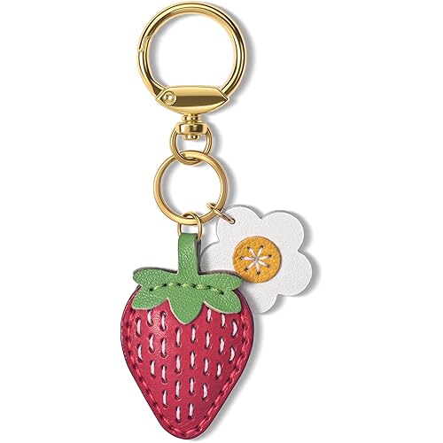 Strawberry Bag Charm, Handmade Double-Sided Top-Grain Leather Purse Charm with Rotating Lobster Clasp for Totes, Purses & Shoulder Bags
