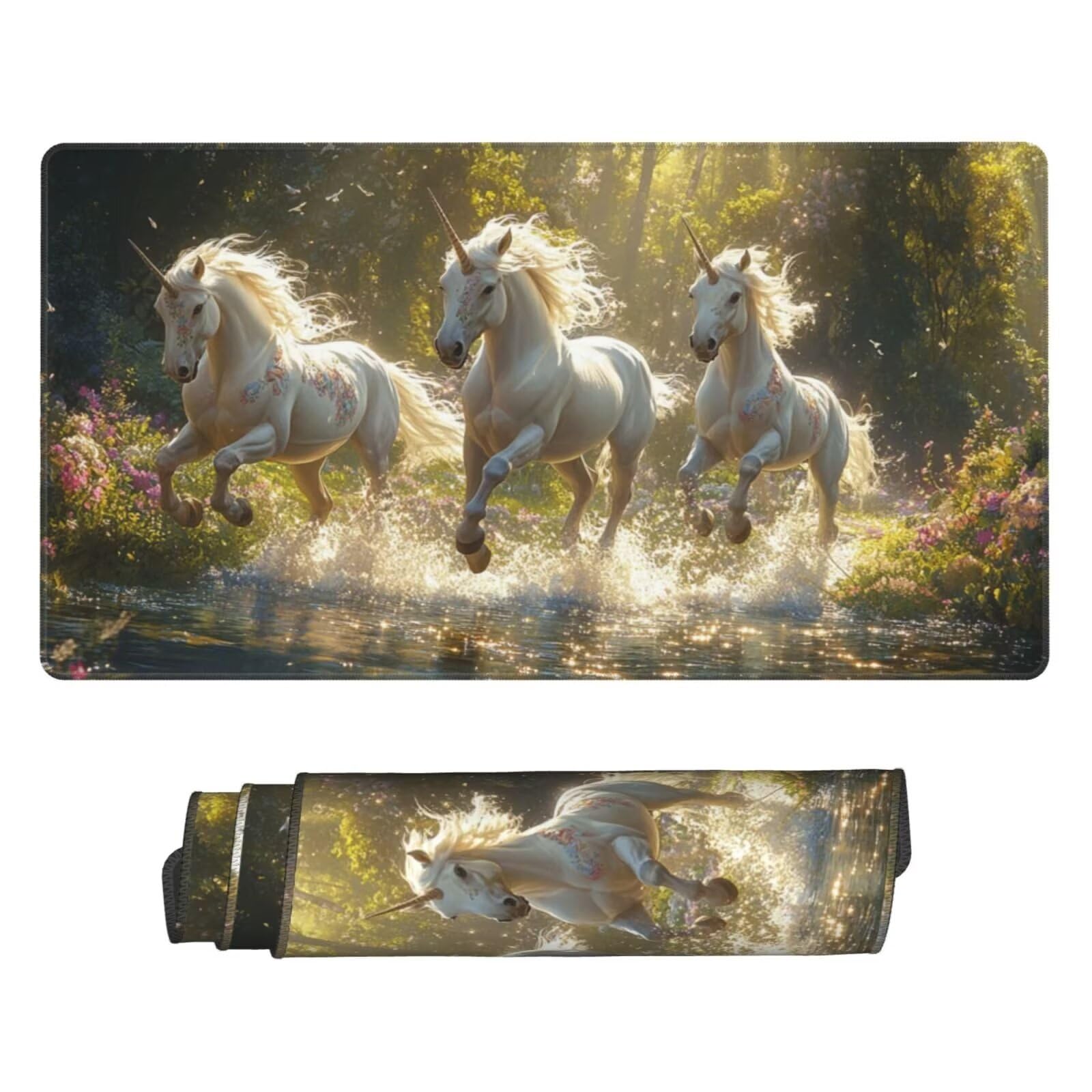 Gaming Mauspad XXL,1200 x 600 x 3mm Mousepad Verlängertes Groß Mauspad Schreibtischauflage,Genähte Kanten rutschfeste Gummibasis,Verbessert Präzision Geschwindigkeit Home Office Weißes Einhorn L-506
