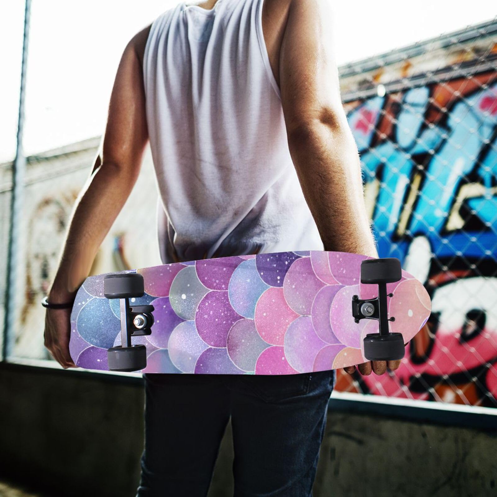 Nastro antiscivolo per skateboard, 111 x 25 cm, per longboard, skateboard, scooter, carta vetrata, antiscivolo, acquerello, squame di sirena, colori