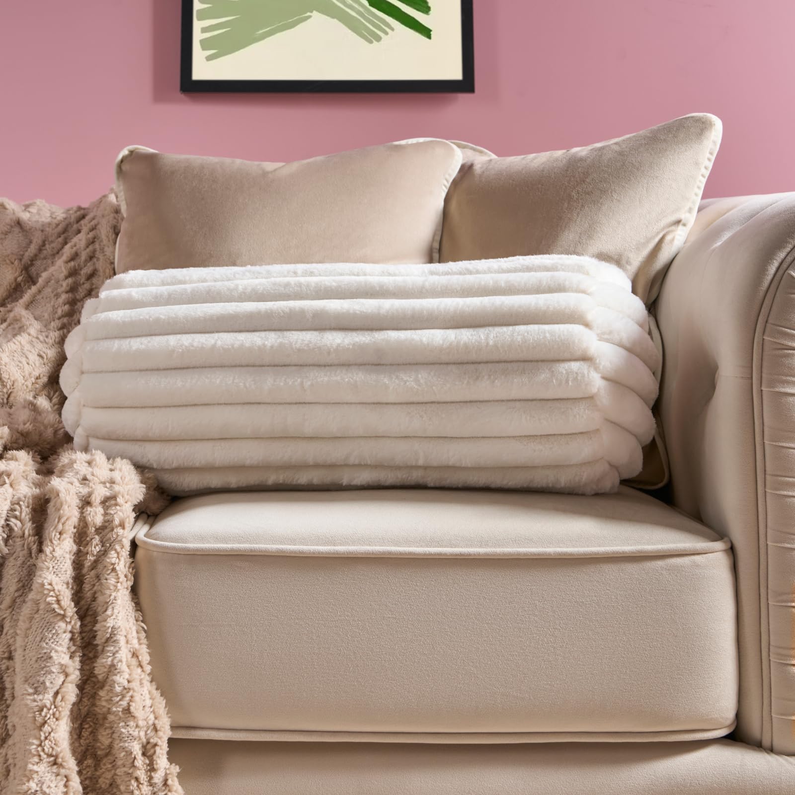 Ohs Cream - Ribbed Neck Roll Pillow Faux Fur Ribbed Round Bolster Cushion Soft Cosy Pillow Support For Sleeping Armrest Back Yoga Bolster Cushion For Sofa Bed, Cream - 46 X 20Cm