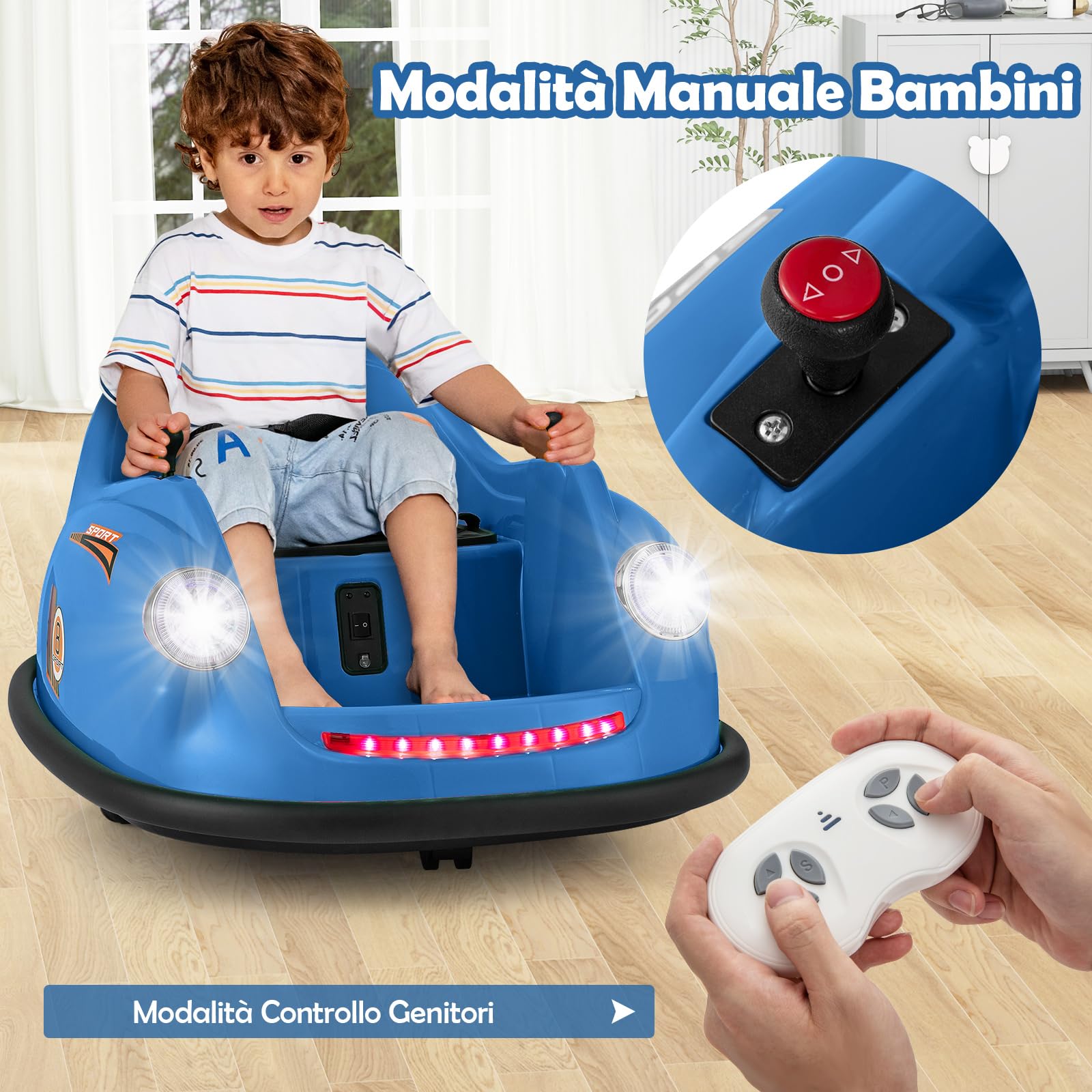 COSTWAY 12V Auto Elettrica per Bambini con Telecomando, Autoscontro Elettrico con Luci LED Musica e Rotazione a 360°, Macchina Cavalcabile per Bambini 2-5 Anni (Blu)