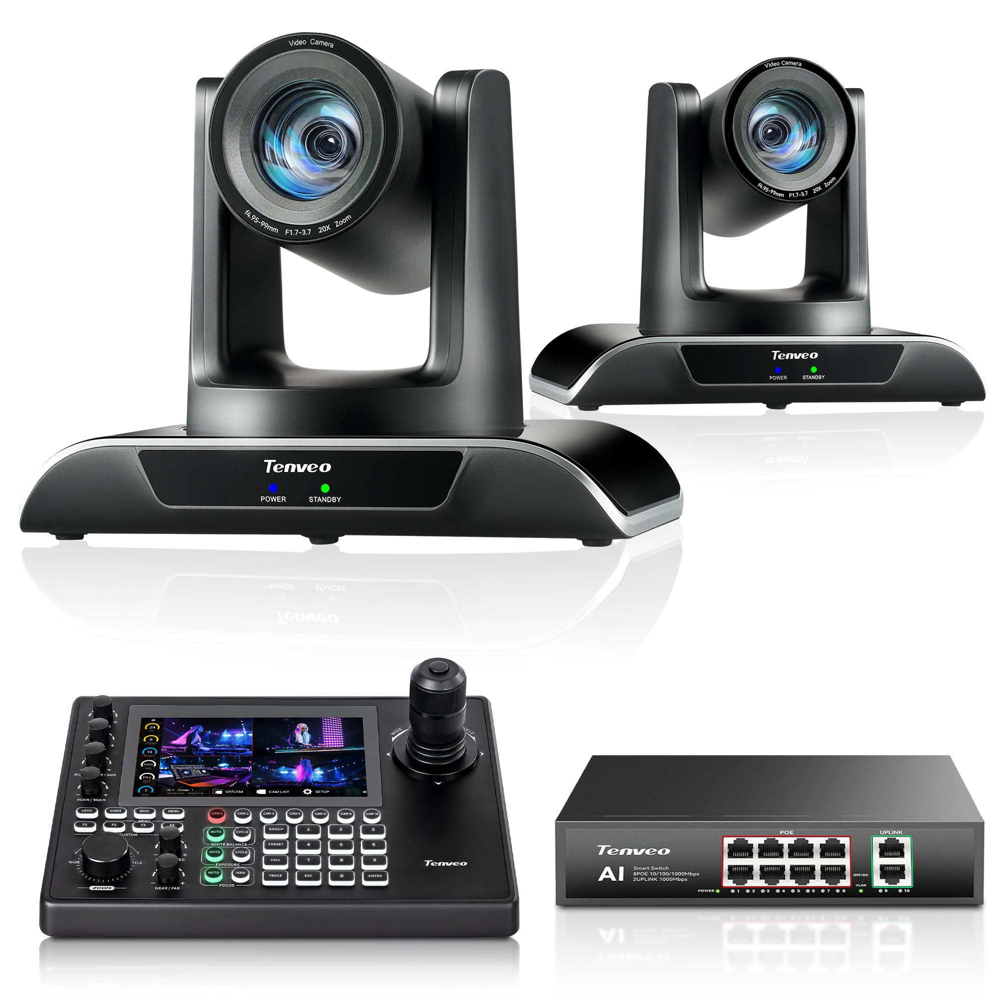 Tenveo NDI PTZ Kamera 20x Optischer Zoom mit AI Auto-Tracking, HDMI/LAN/USB3.0 PoE（VHD20H-AI-N*2）+ NDI|HX3 Controller für PTZ-Kameras mit 7"-Touchscreen+ 8-Port Gigabit PoE