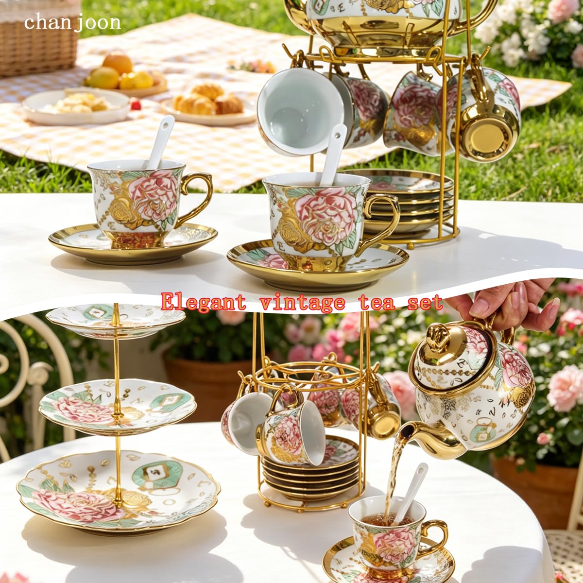 Gold Plated Red Rose Ceramic Tea SetS, Vintage Tea Set with Teapot, Beautiful Tea Set Coffee Serving 6 People (Gold, Medium)