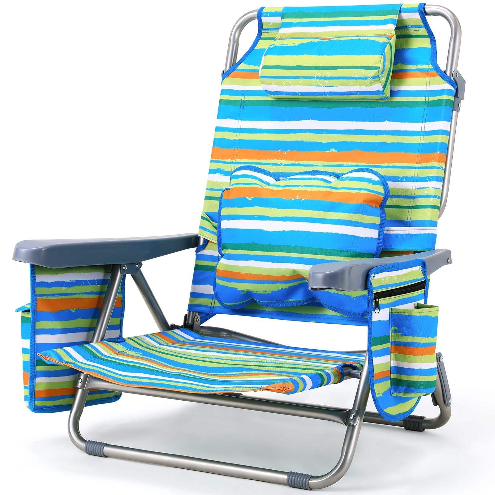 LIFERUN Folding Backpack Beach Chair with Lumbar Cushion & Headrest, 5 Position Adjustable Recliner, 140kg Capacity, Portable Outdoor Sun Lounger for Camping, Picnics, Fishing, Green