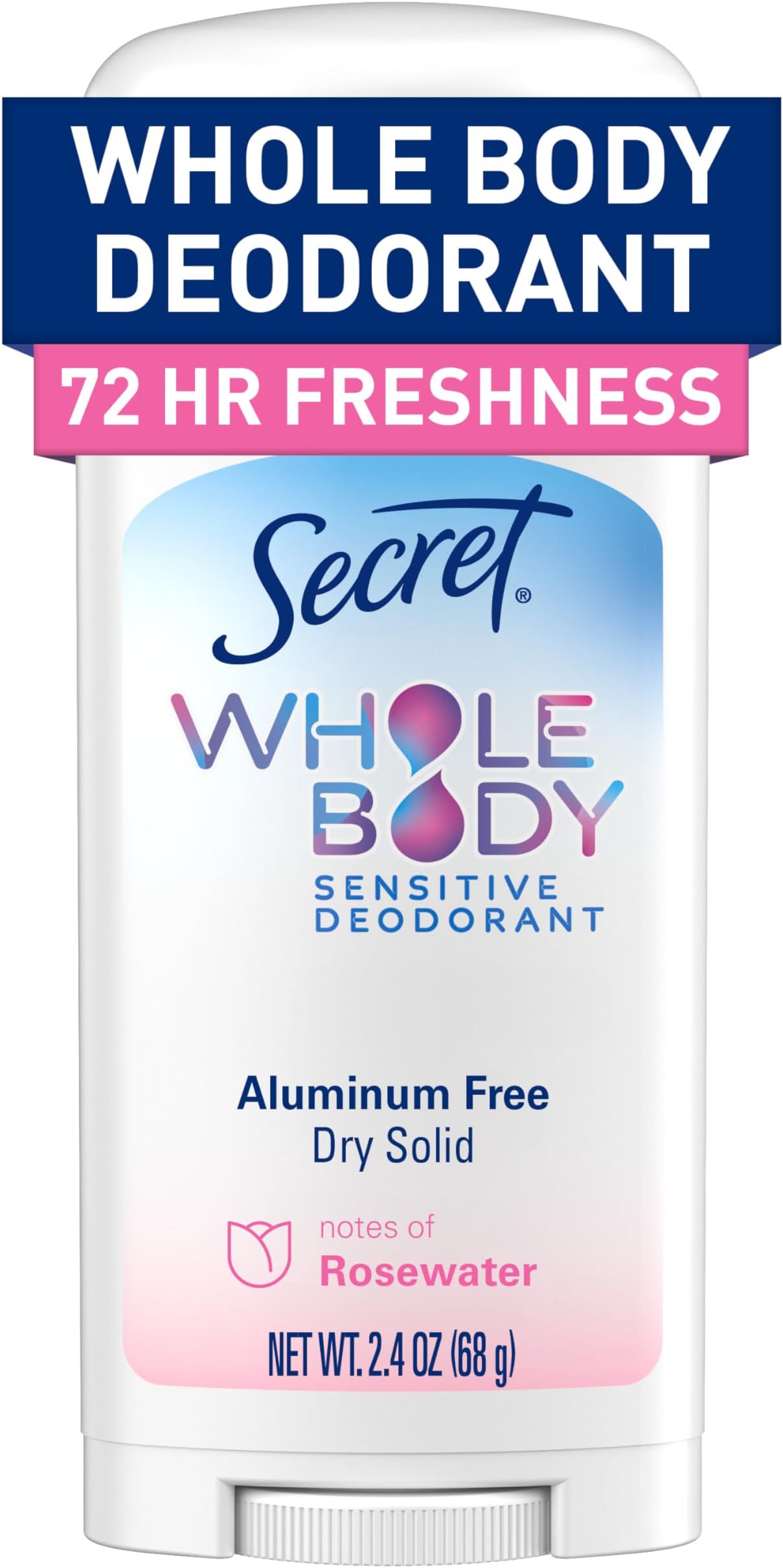 Secret Whole Body Deodorant Stick for Women, Rosewater Scent, Aluminum Free Deodorant Stick, 72 HR Odor Protection, 2.4 oz