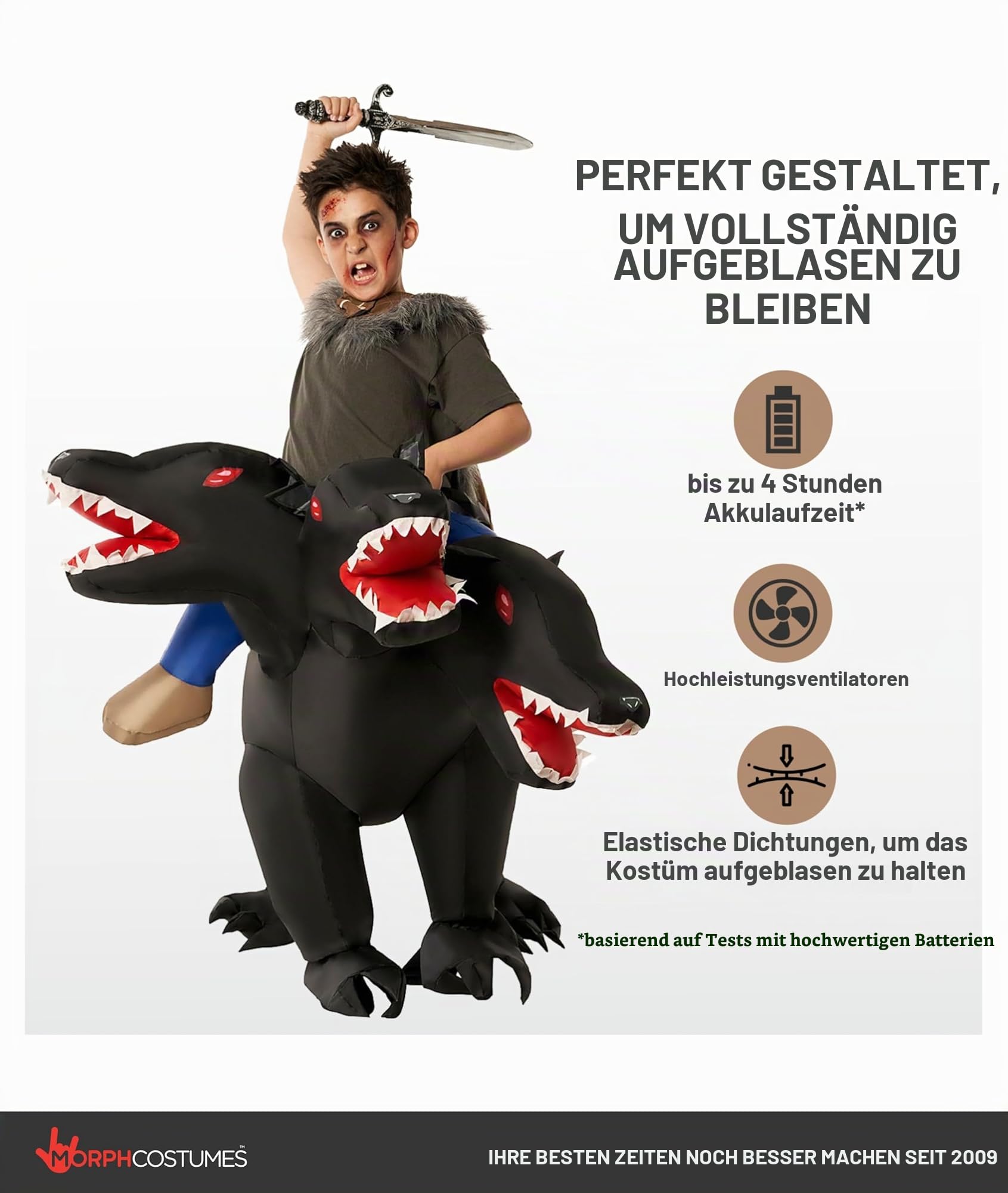 Morph Aufblasbares Huckepack Kostüm Kinder, Halloween Kostüm Kinder | Aufblasanzug mit Ventilator, Schwarzes Höllenhund-Design, Bläst in 60 Sekunden auf, Perfekt für Halloween, Immer ein Hit