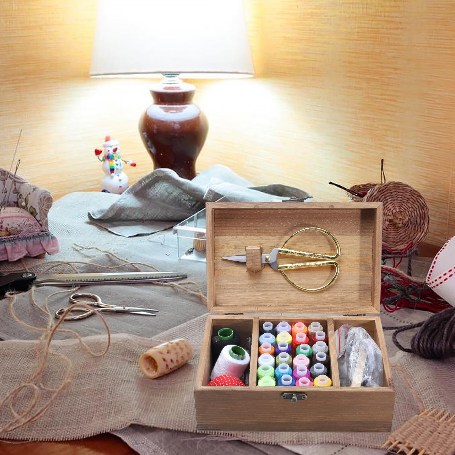 PRETYZOOM Caja de Almacenamiento para Labores de Costura y Kit de Costura de Madera Maciza para Hogar Color Natural Accesorios Completos Práctica para Principiantes y Aficionados
