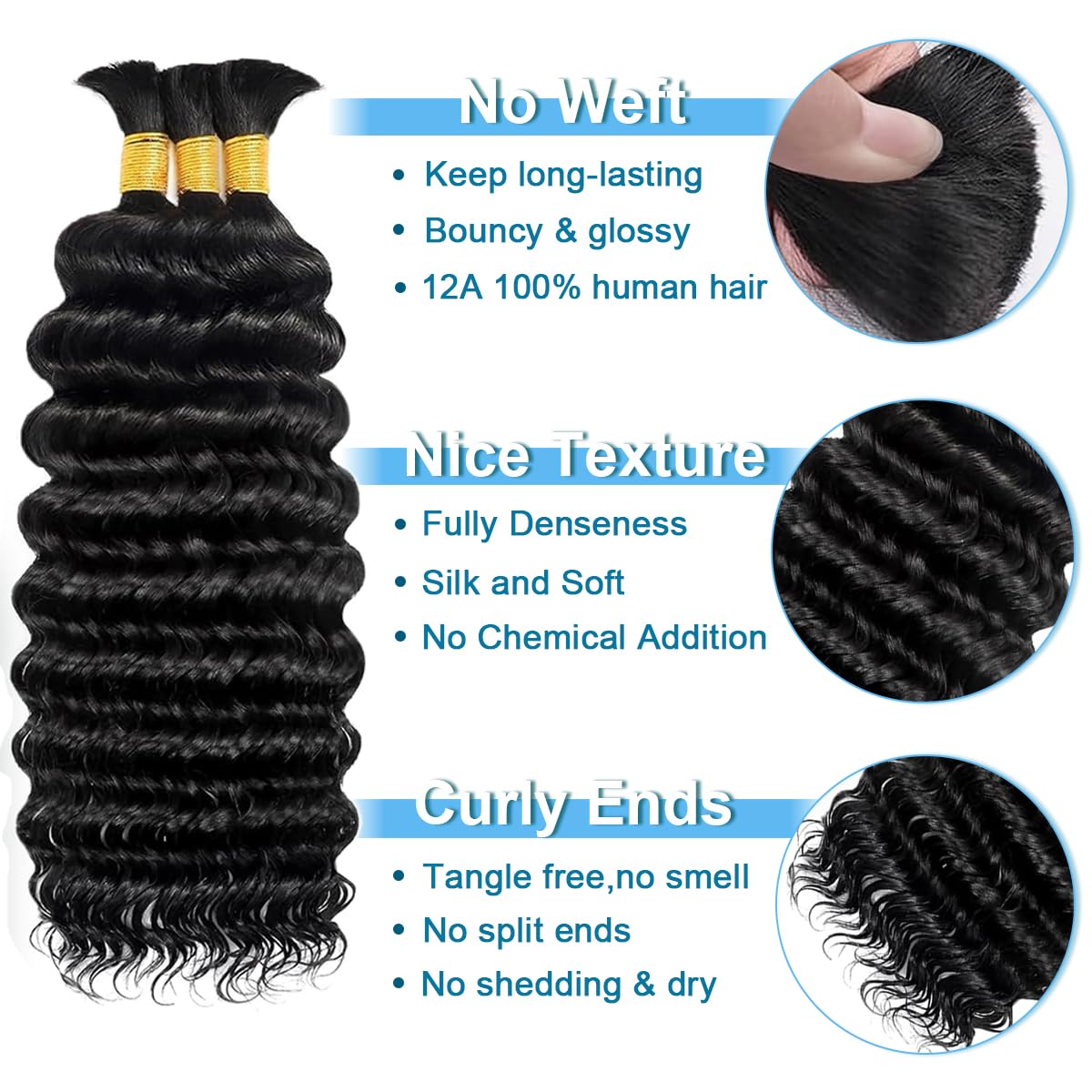 24 Inch Human Braiding Hair for Boho Braids 110g Deep Wave Boho Bulk Human Hair for Braiding Knotless 12A Curly Wet and Wavy Bohemian Braids No Weft 3 Bundles Natural Color