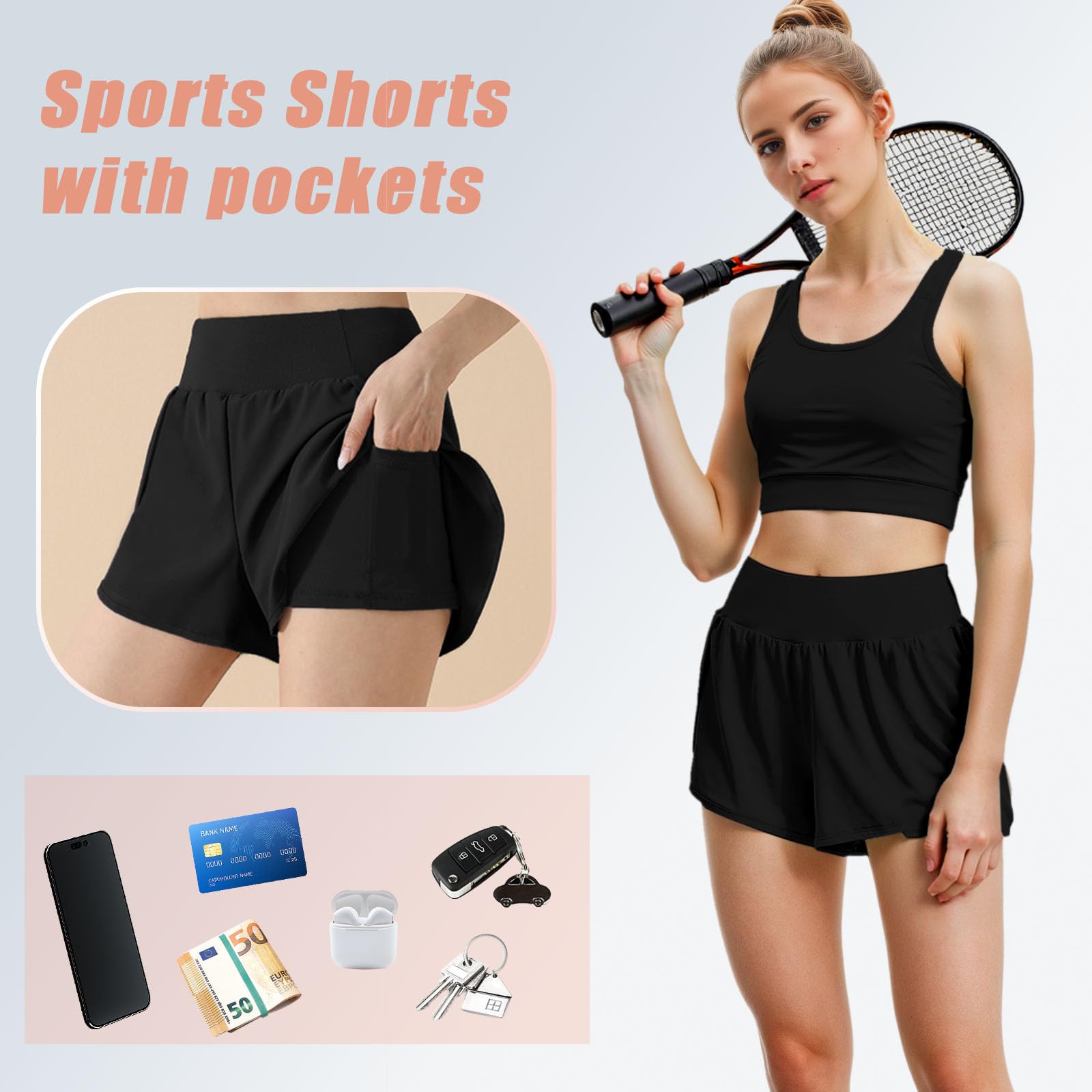 Pantaloncini da Corsa 2 in 1 Donna Pantaloncini Sportivi Estivi con Tasca a Vita Alta Pantaloni Corti Palestra Shorts per Yoga Gym Fitness Running Jogging Allenamento