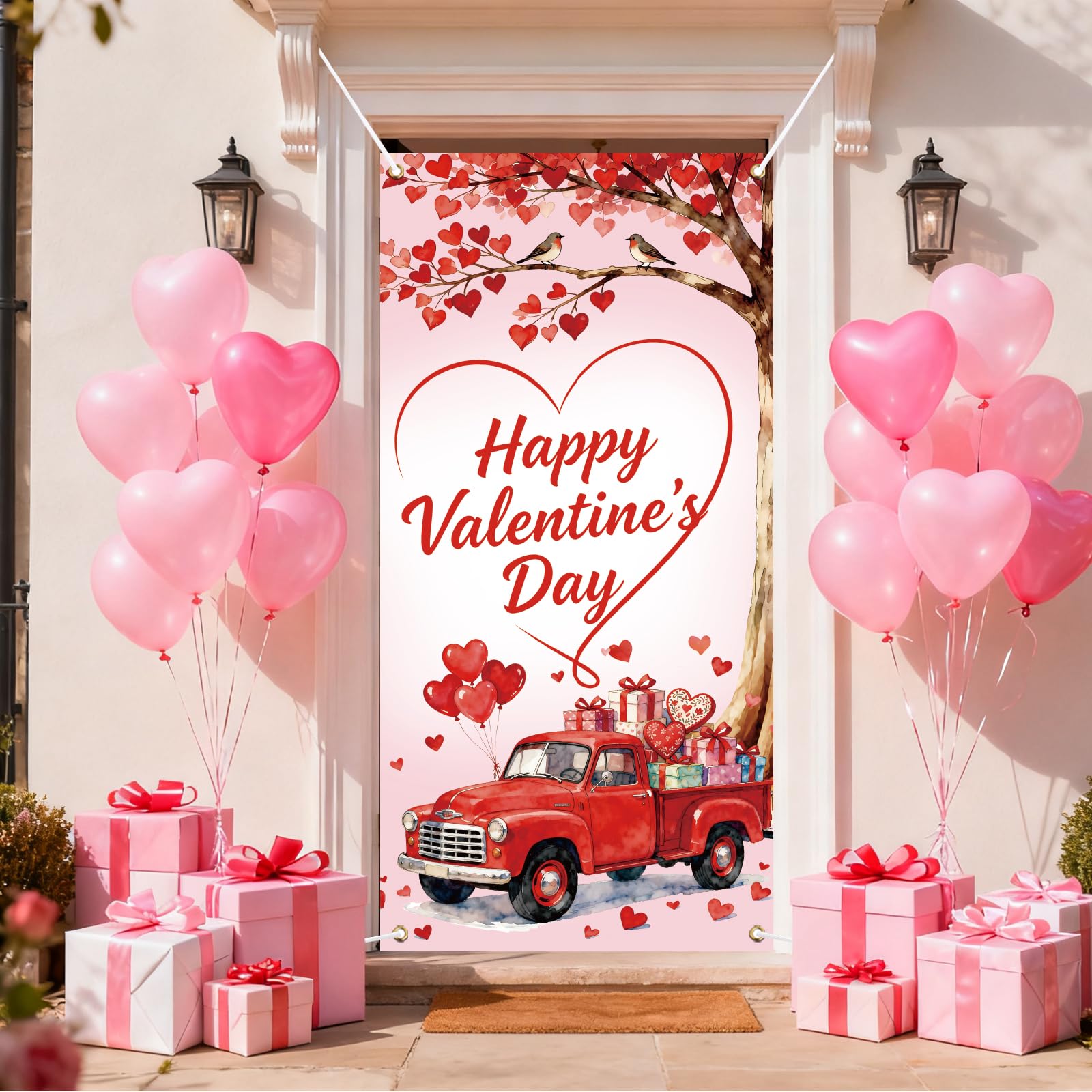 arricraft 1 Pc Happy Valentine's Day Polyester Door Cover, 72.83"x35.43" Red Valentine Truck Backdrop Banner Door Porch Sign Photography Background for Party Porch Home Decor Accessories — image 1