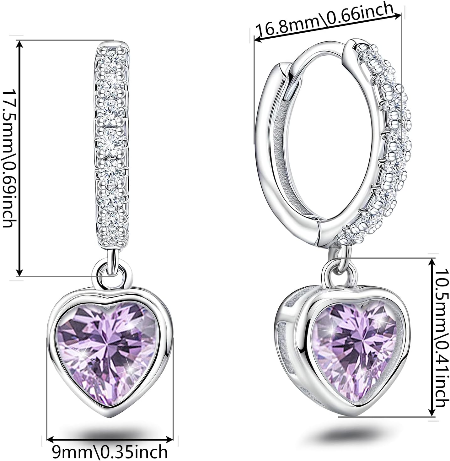 Heart Hoop Earrings with Dangle Sterling Silver Love Heart-Shaped Loop Earrings for Women Hypoallergenic Sparkle Birthstone Cubic Zirconia Hoop Earring with Dangling Charms Dainty Fashion Jewelry Gift - Image 6