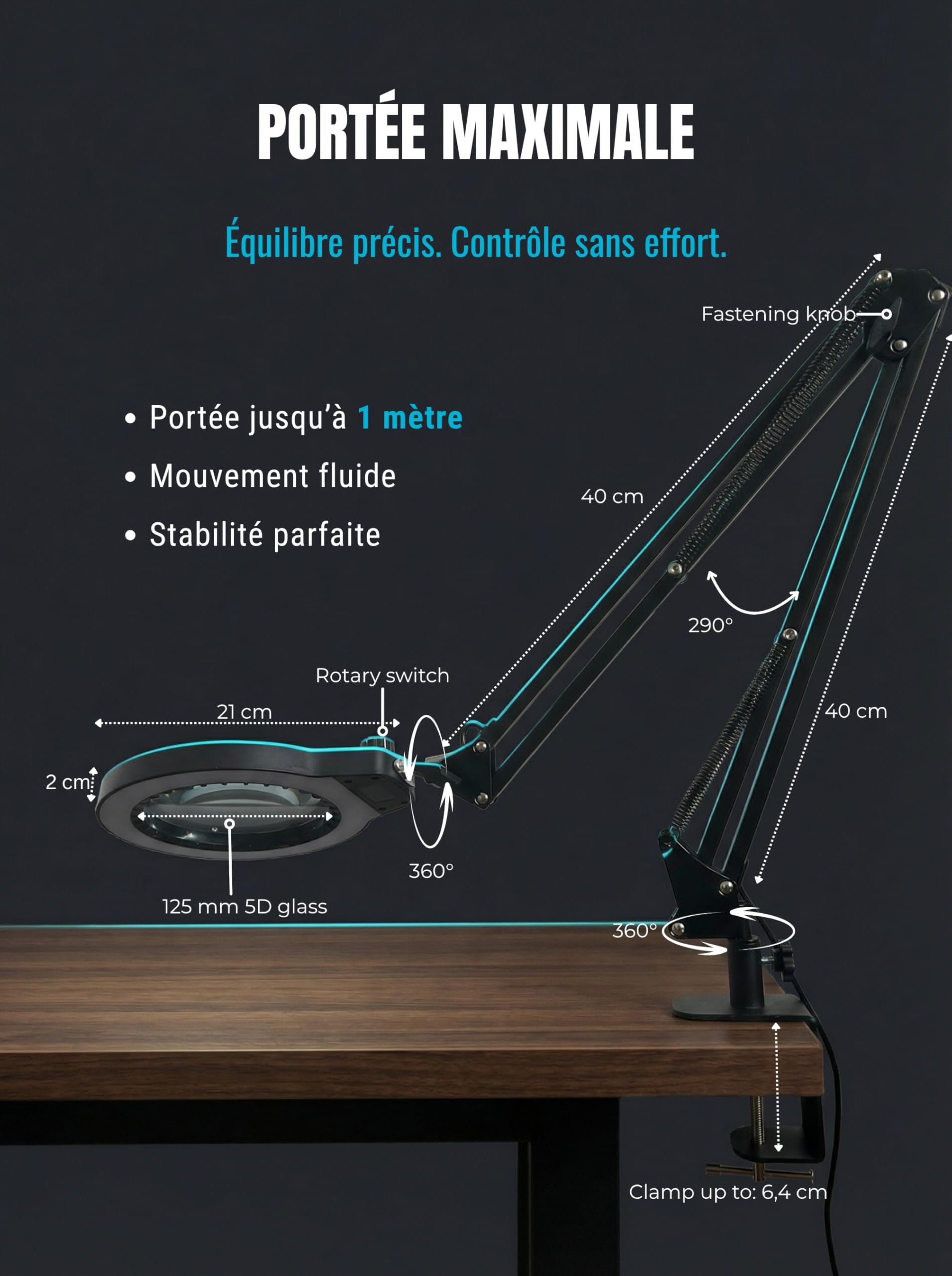 Lampe Loupe LED avec Pince, Grande Lentille Verre 5D