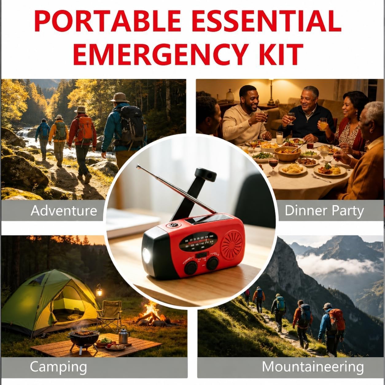 Radio Solaire Auto-alimentée 2000mAh AM/FM Portable à Manivelle Dynamo avec Lampe LED Alarme SOS Chargeur Téléphone Kit Survie Camping Rouge
