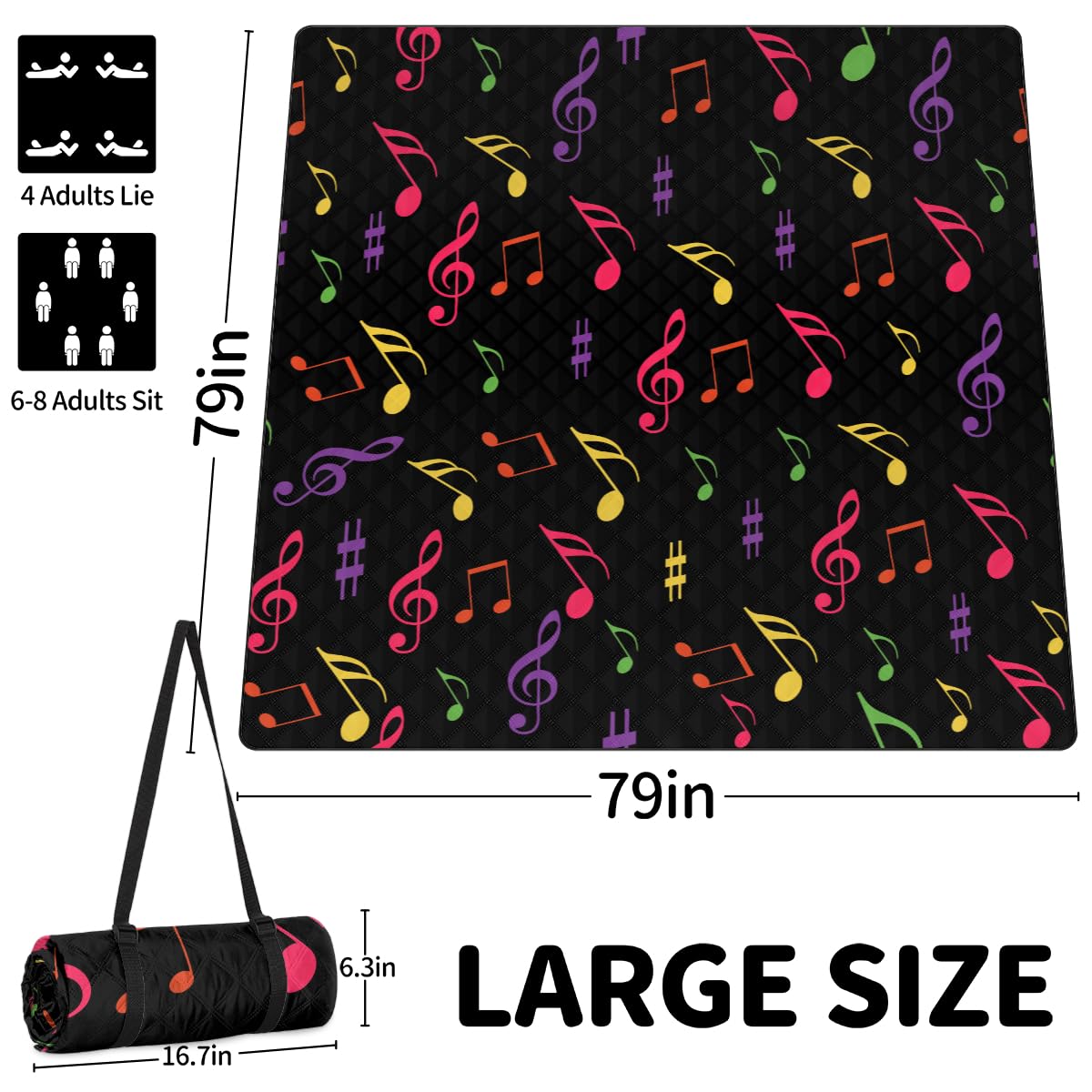 Shimoshe Extra Large Picnic Blankets 79”x 79”, Colorful Music Notes Waterproof Foldable Picnic Mat with Straps Portable Beach Blanket for Camping Park Grass Beach Indoor A1