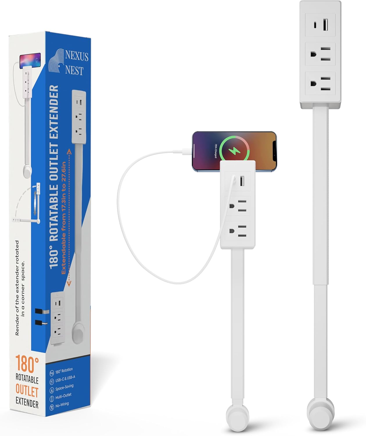 Power Outlet Extender Stick-2AC Plugs-Power Strips USB C & A Ports-180° Rotating Electrical Plug Extension-Surge Protector Power Strip Flat Plug-Wall Power Cord Extension-Home & Office Accessories
