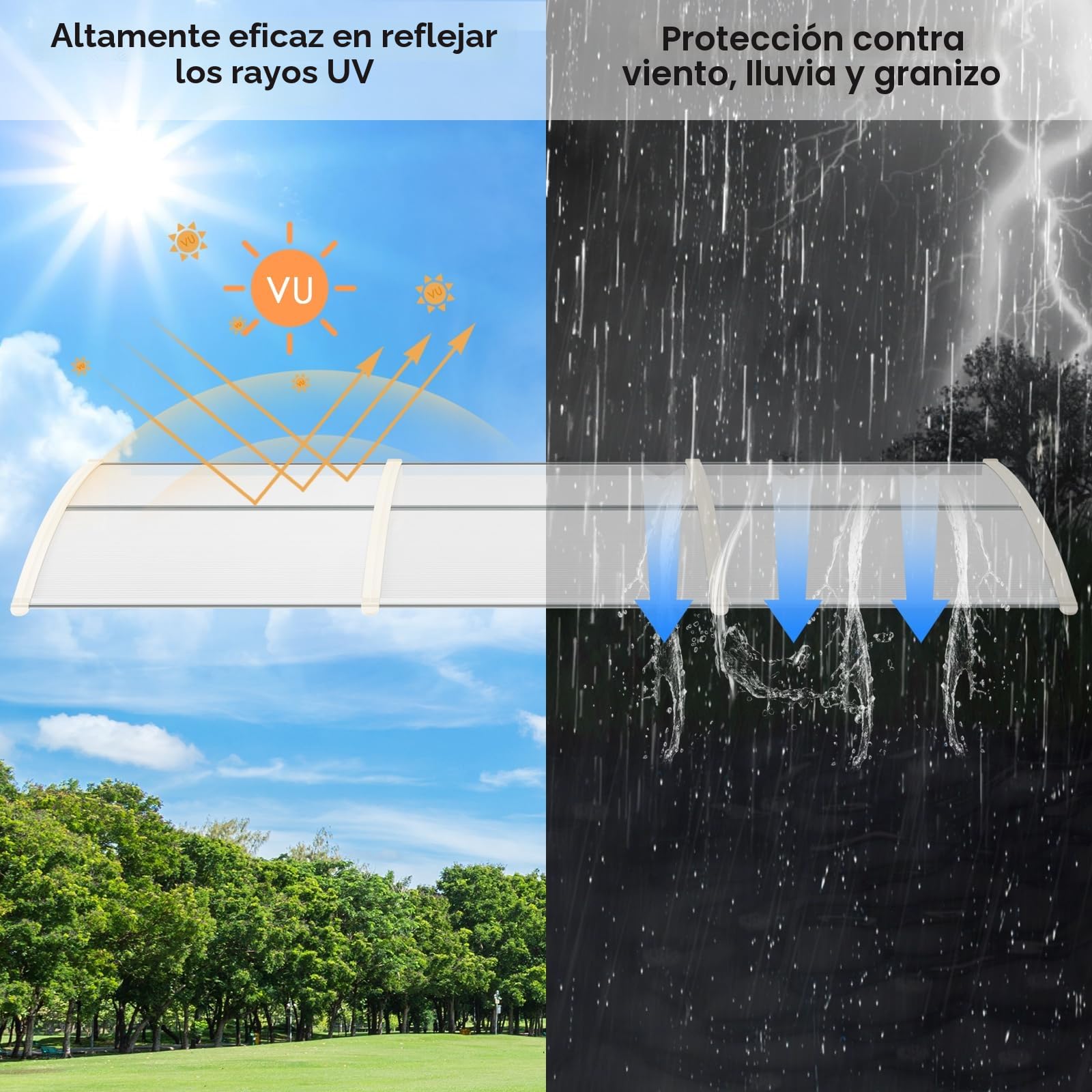 LIFERUN Marquesina para puerta principal, 270 x 98,5 cm, toldo transparente, soporte de policarbonato, tiras de aluminio reforzadas, toldo para ventana, toldo para reprimir, protección solar y
