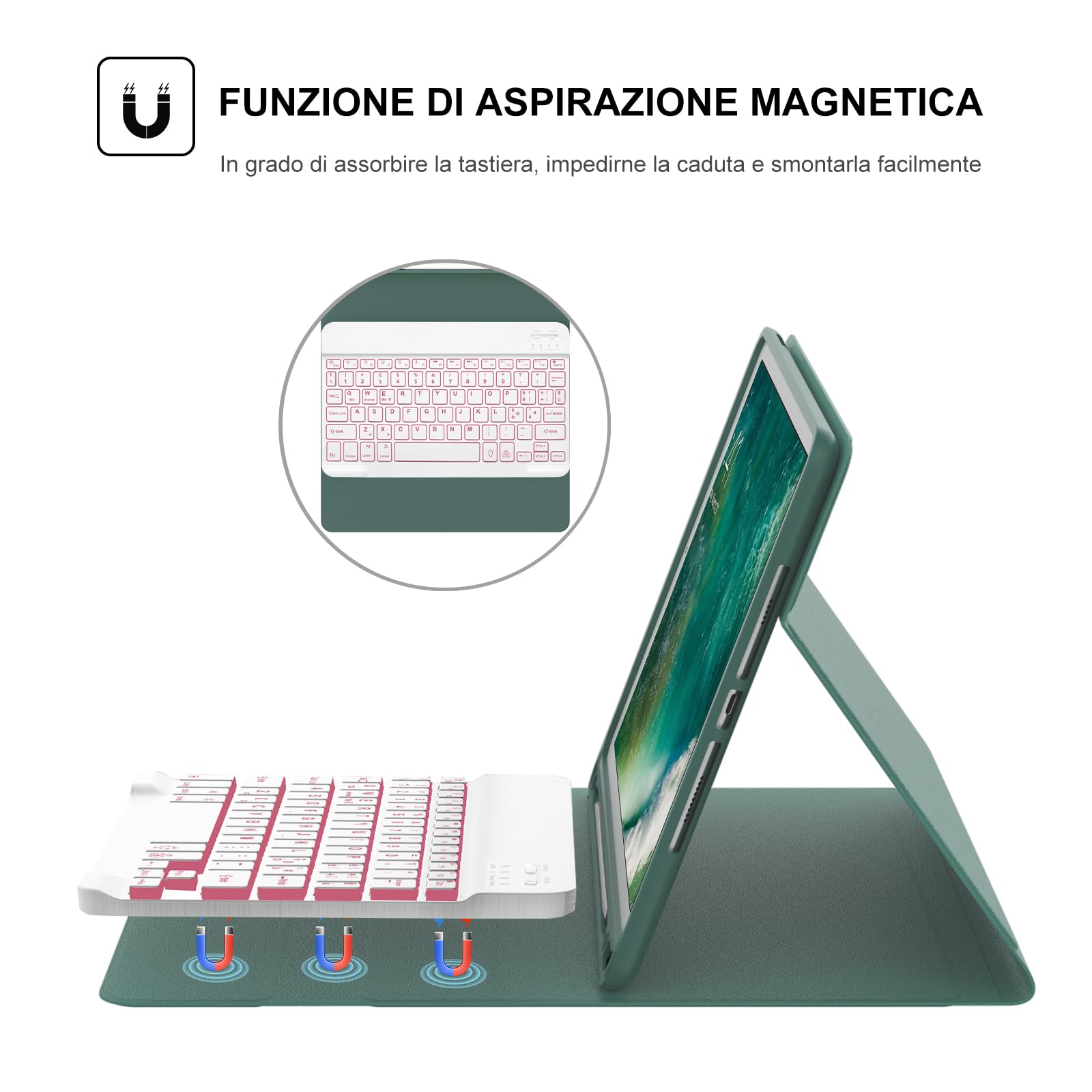 Tastiera iPad 6 Generazione, Custodia con Tastiera per iPad 9.7, Cover Tastiera Bluetooth Retroilluminazione Italiano Magnetica Tastiera iPad 5, iPad pro 9.7, iPad Air 2, iPad Air 1, Verde scuro