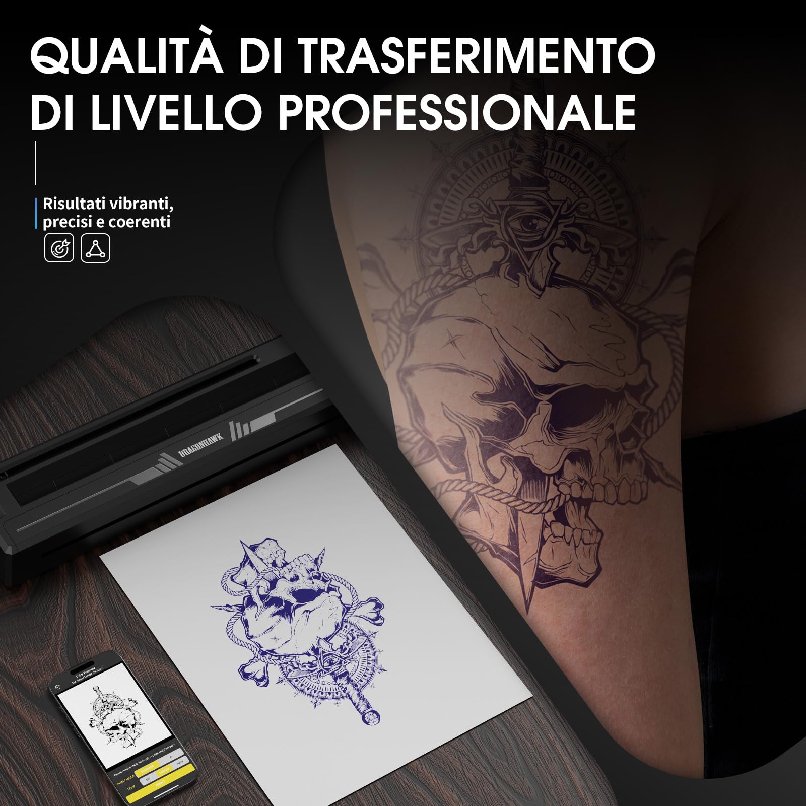 Dragonhawk A4 Stampante Termica Per Trasferelli Tatuaggi Senza Fili Portatile Compatibile Con Telefono Tablet PC Accessori Per Tatuatori Principianti e Professionisti