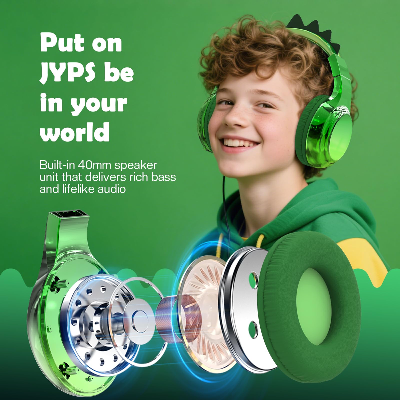 JYPS Bluetooth Kopfhörer Kinder, Metallisch Kabellose Kopfhörer Kinder Over Ear mit 74/85dBA Lautstärkebegrenzung, 40 Stunden Spielzeit, ab 3 5 6 7 für iPad/Schule/Tablet (Dinosaurier, Grün)
