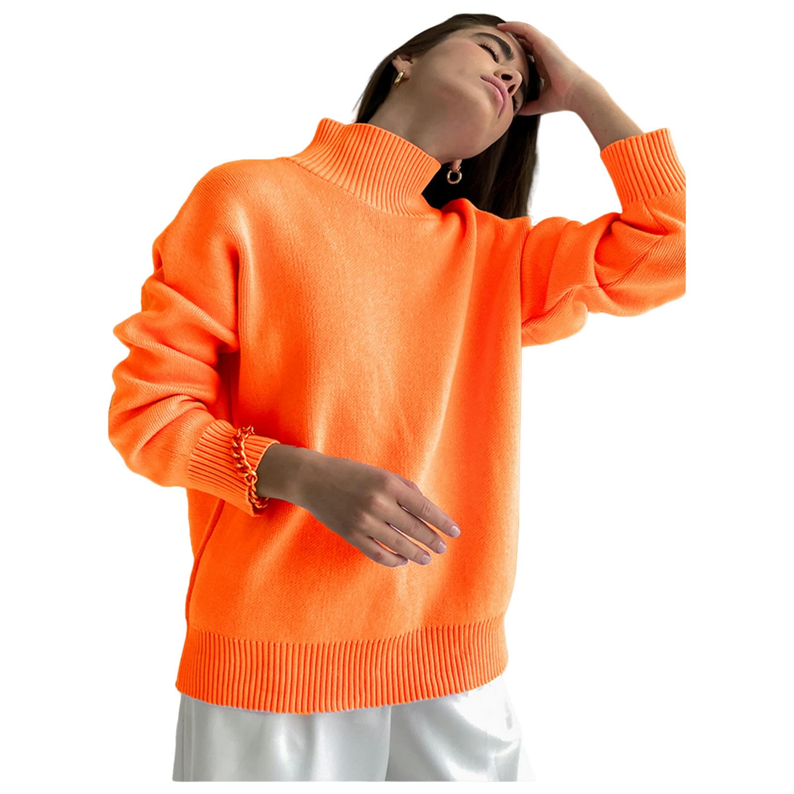 TEidea Swetry damskie różowe czerwone jesień zima damskie swetry golf oversize sweter vintage tkany styl dla kobiet, pomarańczowy, S