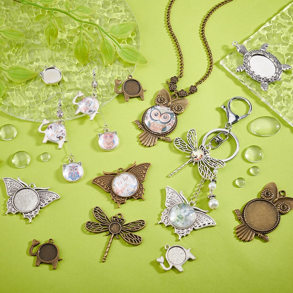PH PandaHall 48pcs Animal Photo Charms, 6 Styles Blank Bezel Owl Pendant Trays Turtle Cabochon Blanks Elephant Butterfly Dragonfly Pendant Trays Cabochon Bezel Settings for DIY Wedding Jewelry Making - Image 5