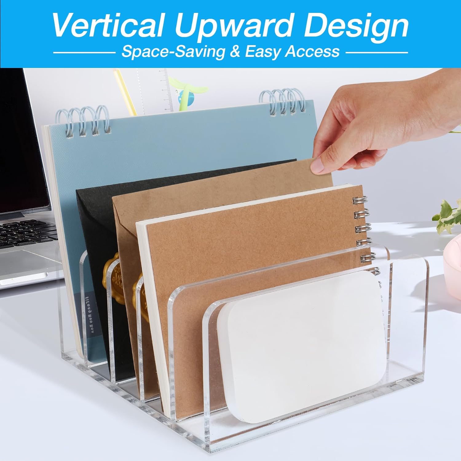 Acrylic Mail Organizer File Holder for Desk 2 PCS, 5 Compartments Clear Desktop Vertical Letter Sorter for Envelopes, Bill, Document, Notebook,Countertop Folder for Office, Home & School