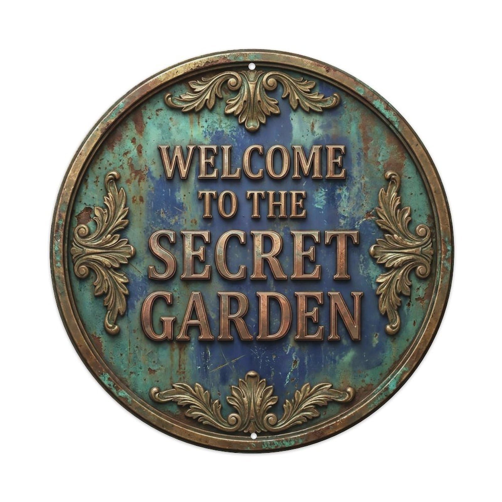 Vintage Welcome Secret Garden Brass Indigo Acanthus Metal Tin Sign