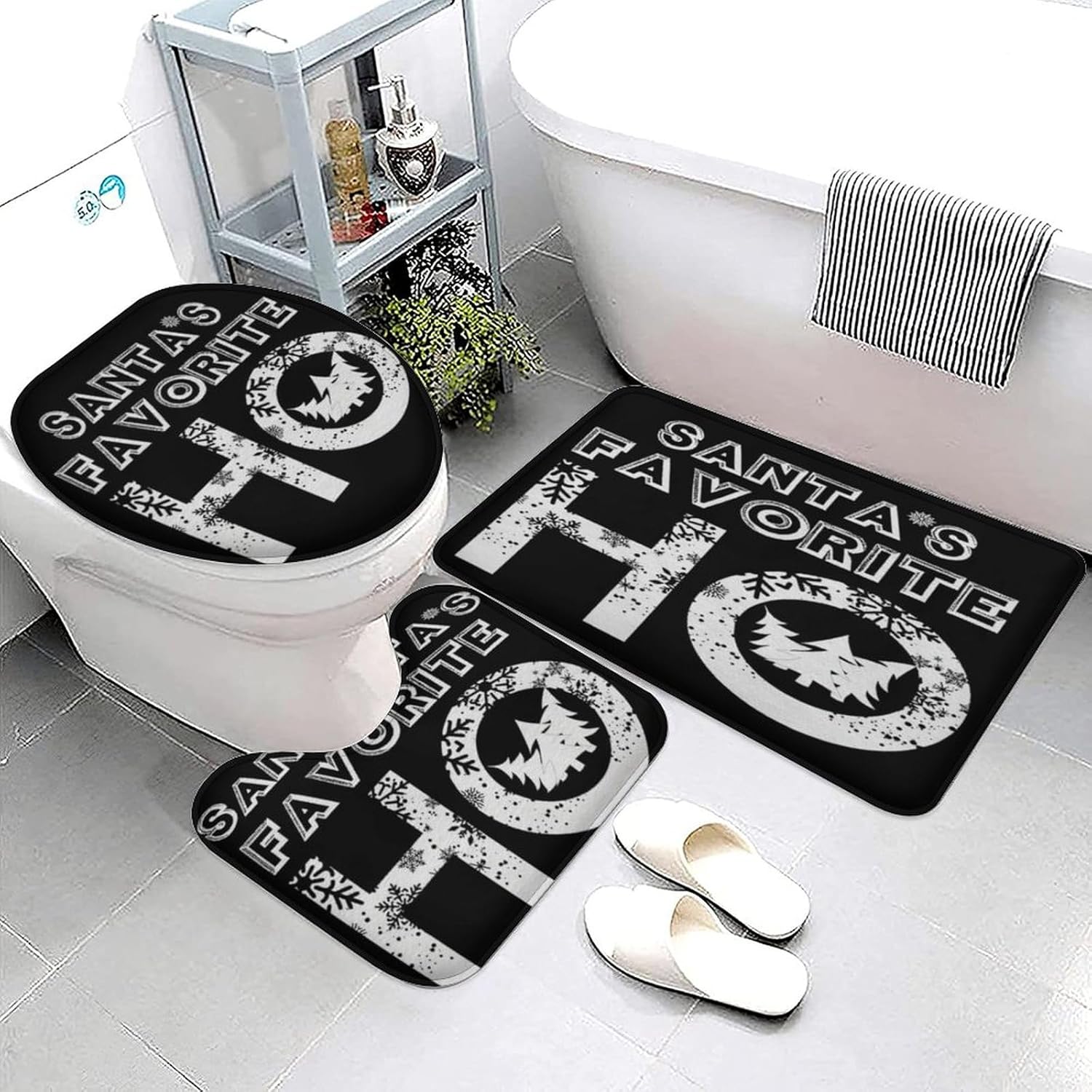 3 Piece Santa’s Favorite Ho Christmas Bath Rug Sets Red White Snowflake Xmas Tree Winter Decor Bath Mat Soft Non Slip Water Absorbent U-Shaped Contour Toilet Mat, Toilet Lid Cover