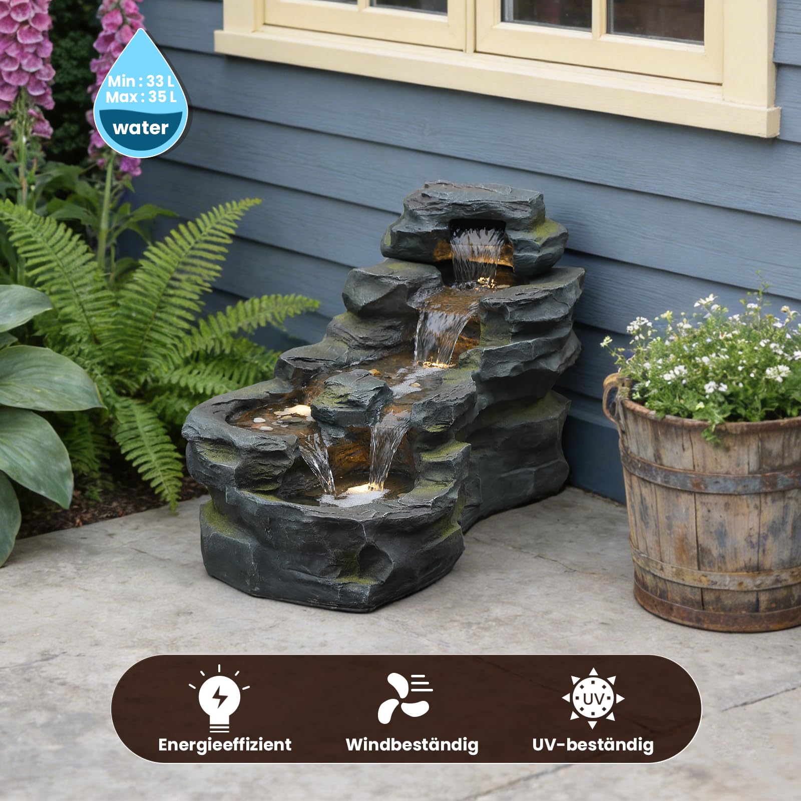 Bumilgar Solarbrunnen mit LED-Beleuchtung, 5-stufiger Etagenbrunnen aufstellbar, Naturstein-Optik Wasserfall-Brunnen für Terrasse, Balkon | Garten-Dekoration & Wohnaccessoire | 94 x 49 x 53 cm