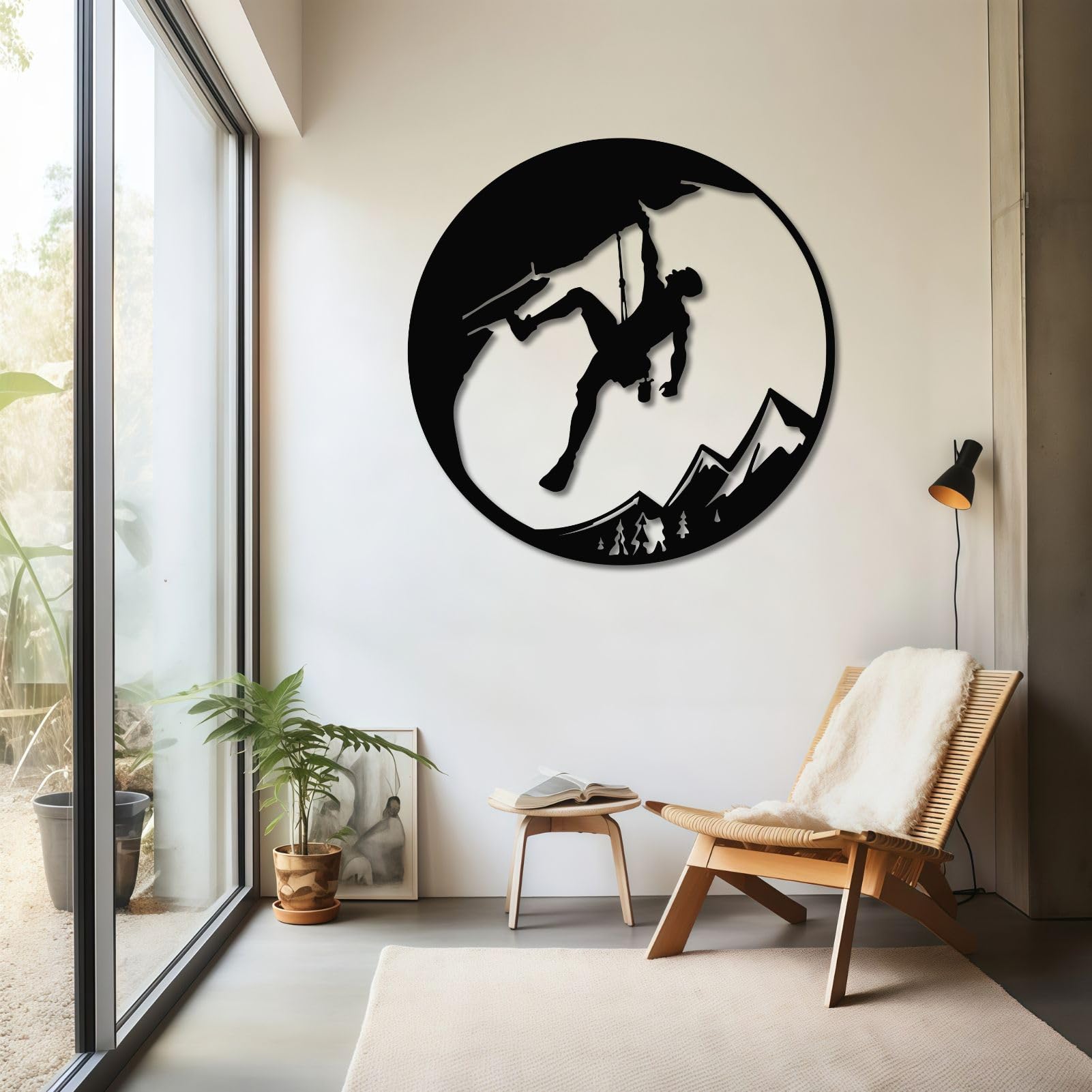 Großes abstraktes Wandbild aus Metall, Motiv: Felskletterer, Dekoration für Klettersport, Dekoration für Bergabenteuer im Freien, für Wohnzimmer, Schlafzimmer, Büro, Männerhöhle (Silber, 47 cm B